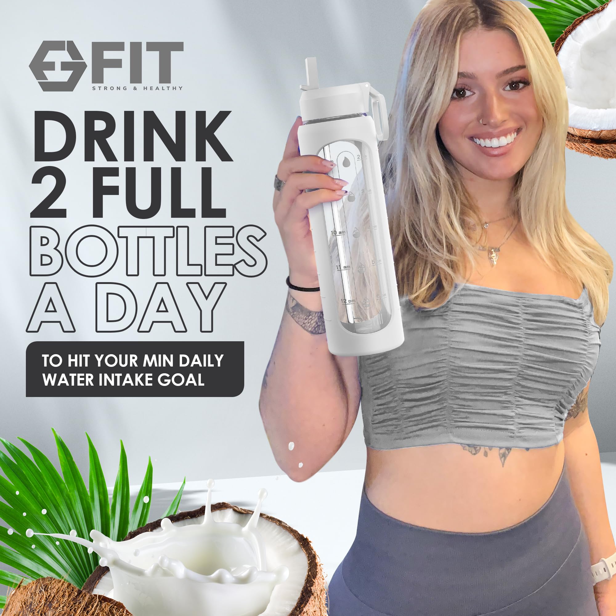 FIT Glass Water Bottle 32oz - Leakproof, Reusable with Time Marker for Gym & Office