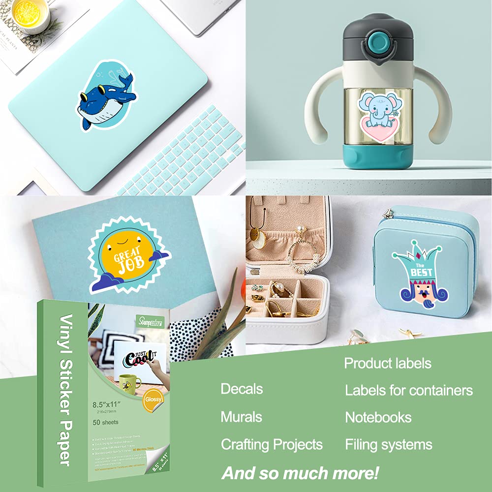 Premium Printable Vinyl Sticker Paper - Glossy White Self-Adhesive Waterproof Decal Sheets - Fast Drying, Vibrant Colors & Tear Resistant - Compatible with Epson, HP, Canon, Sawgrass Inkjet & Laser Printers (30 Sheets) - Perfect for DIY Crafts, Laptop Decals, Water Bottles & Product Labeling