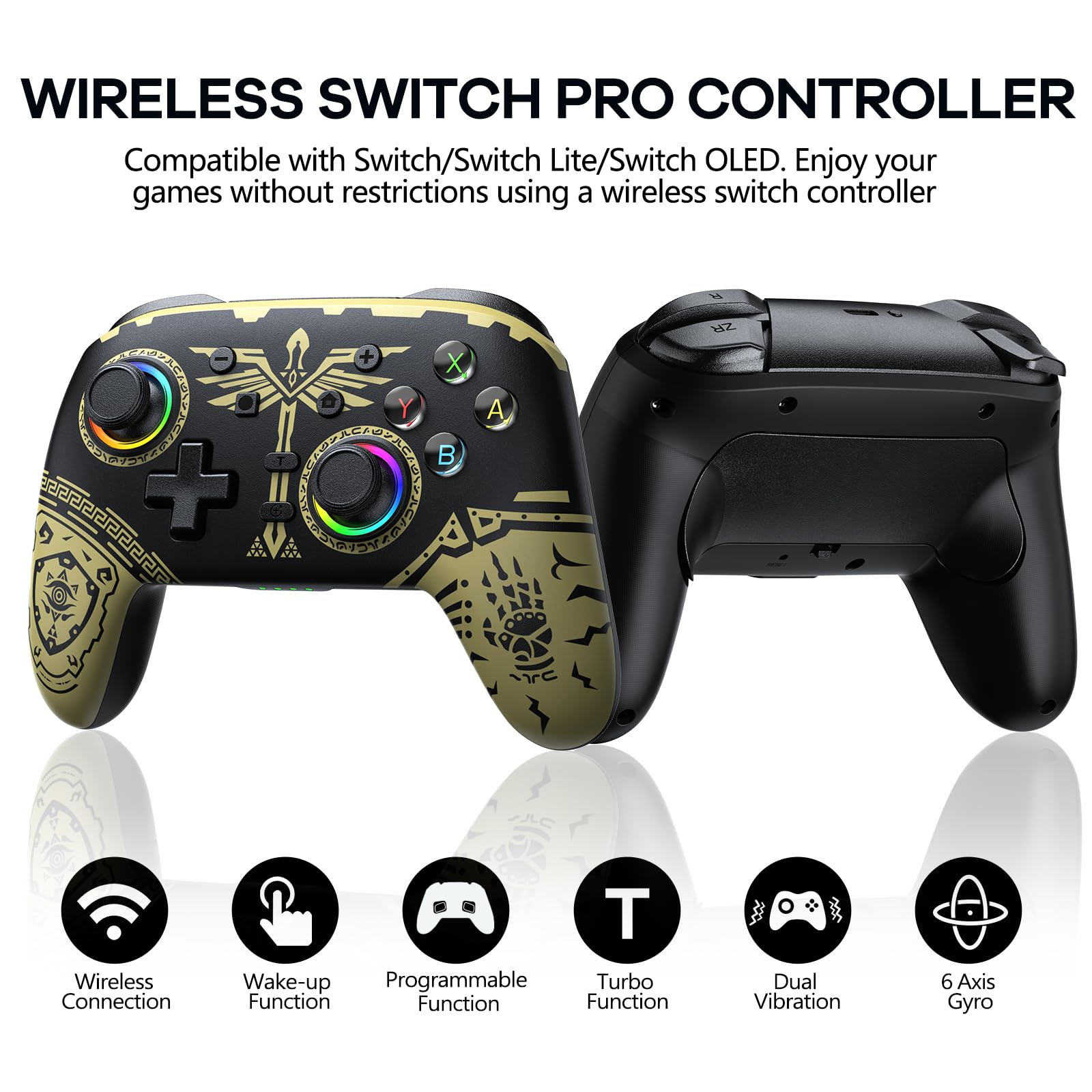 AROEVEIB Wireless Switch Pro Controller with Dual Vibration, Motion Control & 6-Axis Gyro - Compatible with Nintendo Switch, Switch Lite & OLED - Perfect for Gaming, Multiplayer & Motion-Control Games