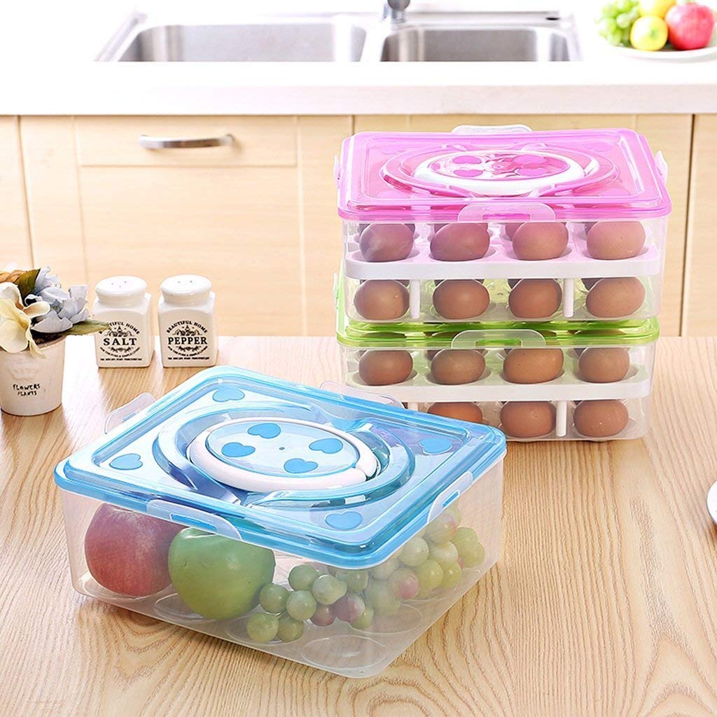 Wrixty Double Layer 32 Grid Egg Storage Container with Lid & Handle - Refrigerator Organizer for Eggs, Fruits & Vegetables - Durable Kitchen Food Storage Box (Blue) - Perfect for Farm Fresh Eggs, Grocery Organization & Compact Fridge Space Saving