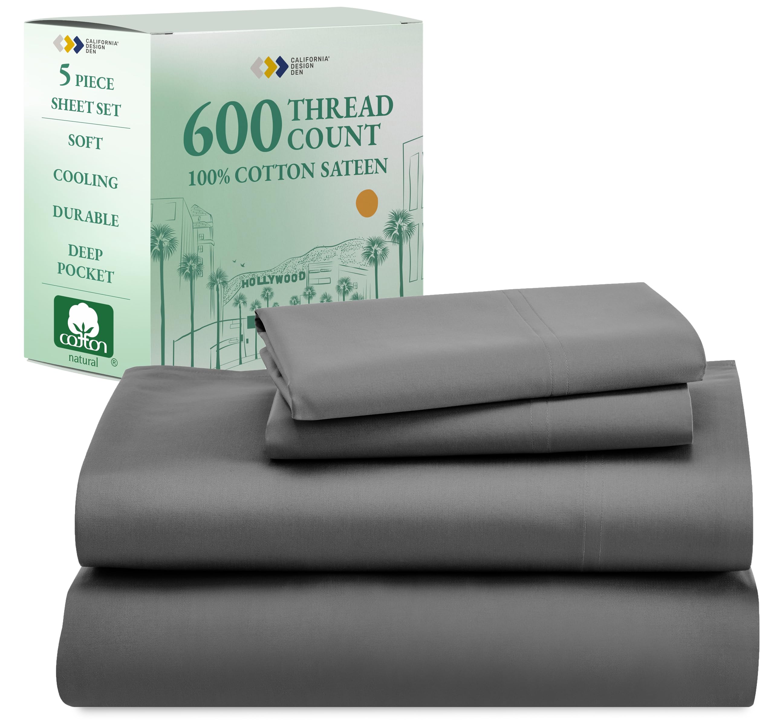 California Design Den Split King Sheet Set - 100% Cotton, 600 Thread Count, Breathable Luxury King Size Sheets for Adjustable Bed, Soft Sateen Weave, Hotel-Quality Bedding - Grey | Perfect for Master Bedroom, Guest Room & Luxury Hotels