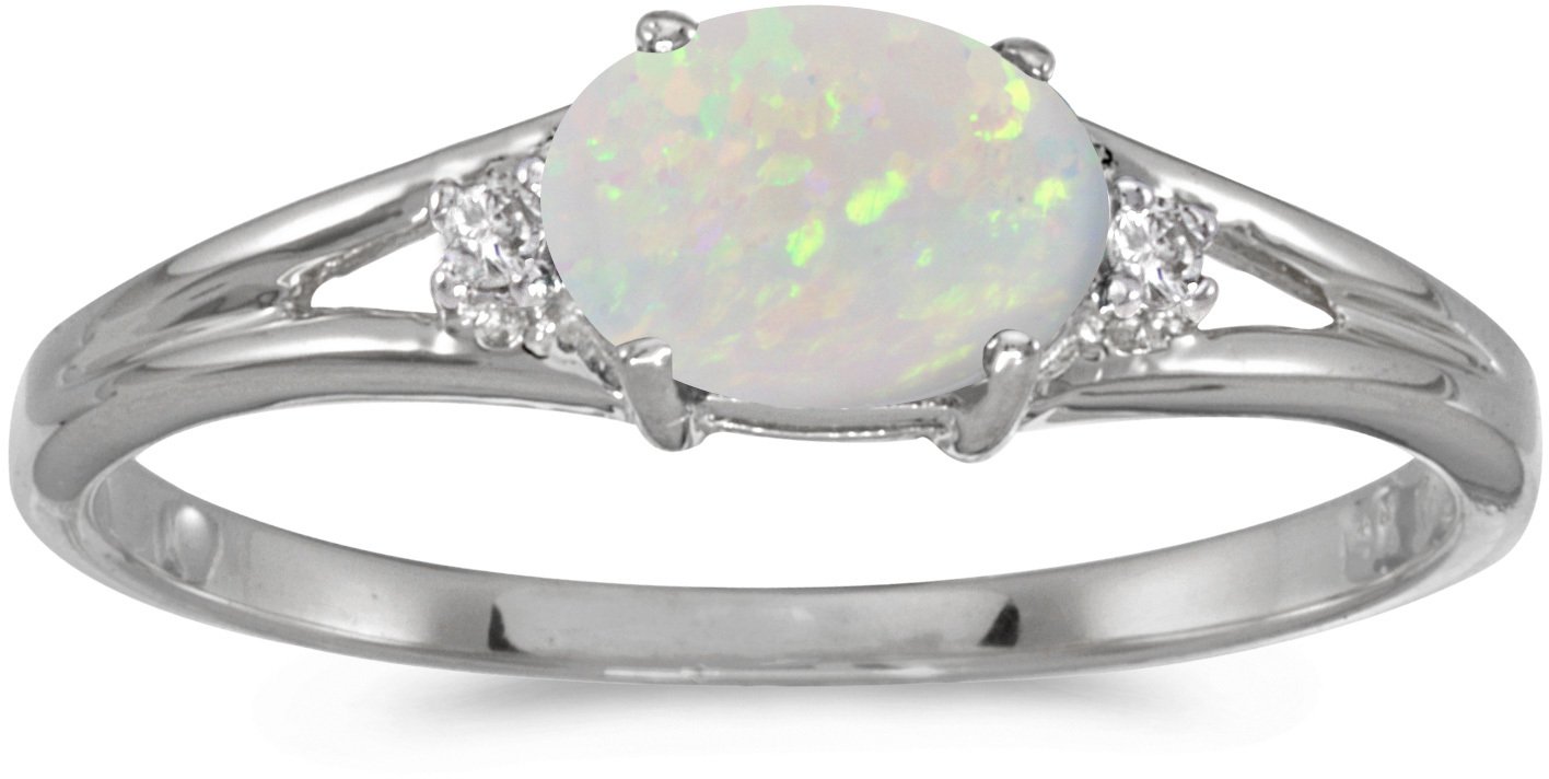 14K White Gold Oval Opal and Diamond Ring for Women - Elegant Vintage Style Engagement & Wedding Jewelry Gift