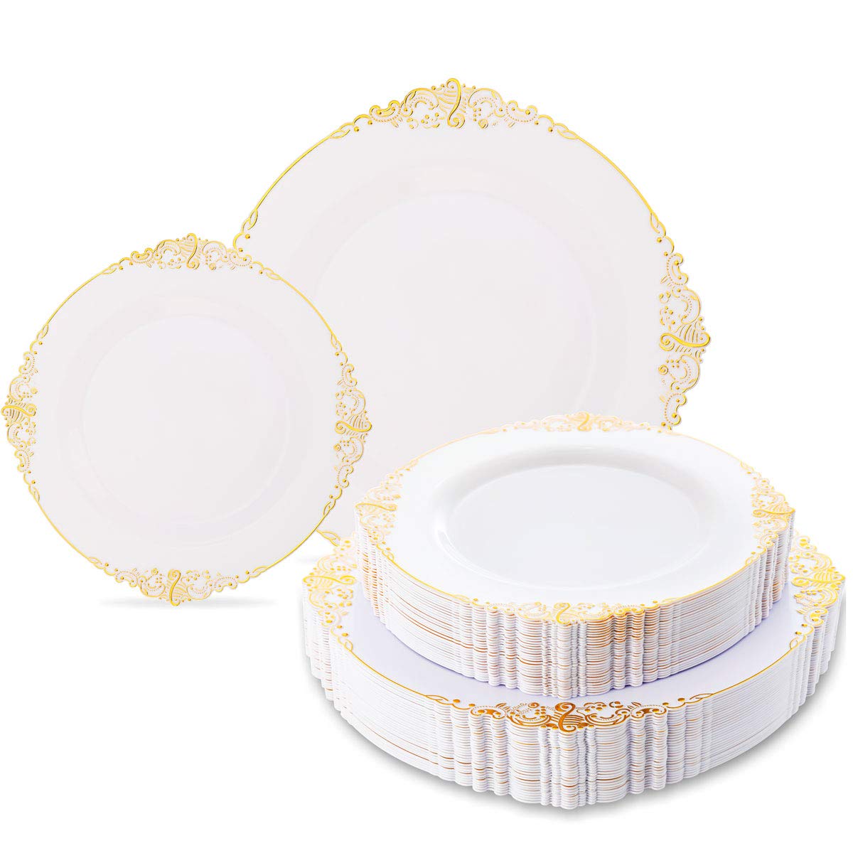 60 Pack Gold Plastic Plates & 200 Gold Plastic Forks - 7.4 Inch Heavy Duty Disposable Tableware Set for Parties, Weddings, Christmas - Elegant White & Gold Dinnerware for Celebrations, Events, and Holiday Gatherings