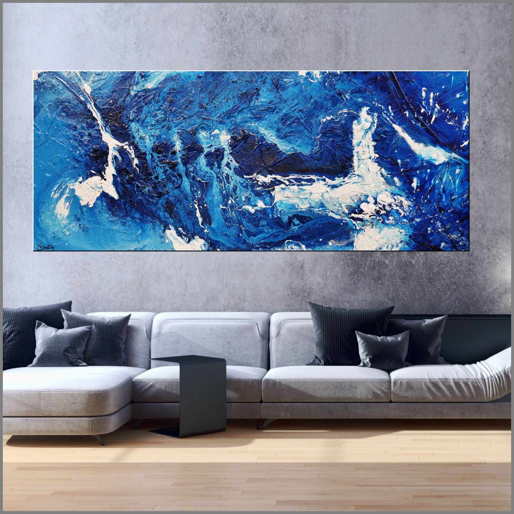 240cm x 100cm Blue White Textured Abstract Ocean Painting - Sapphire Seas Wall Art for Living Room, Bedroom & Office Decor
