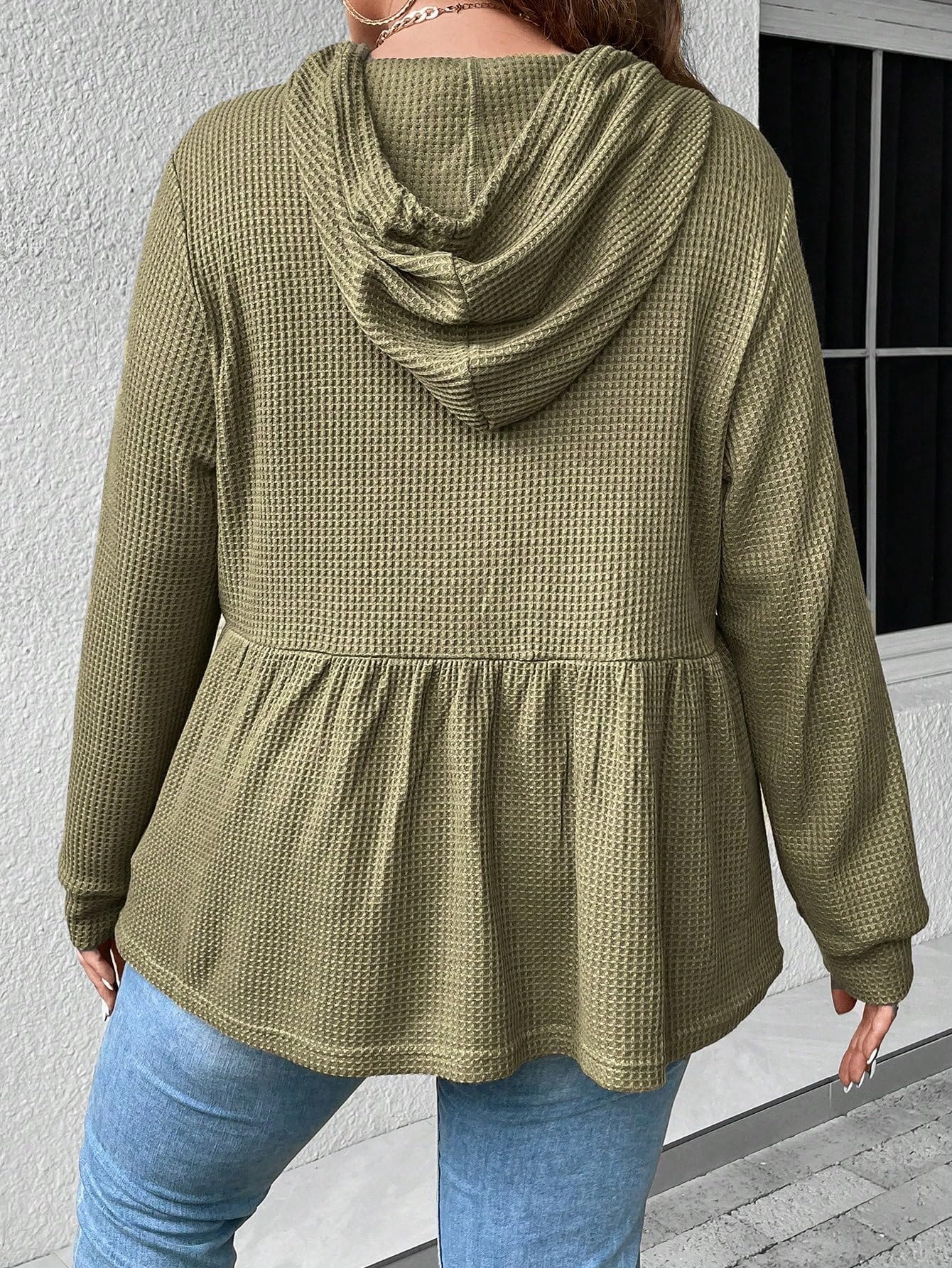 SweatyRocks Women's Plus Size Waffle Knit Ruffle Hem Hoodie - Button Front Drawstring Pullover for Casual Wear & Loungewear