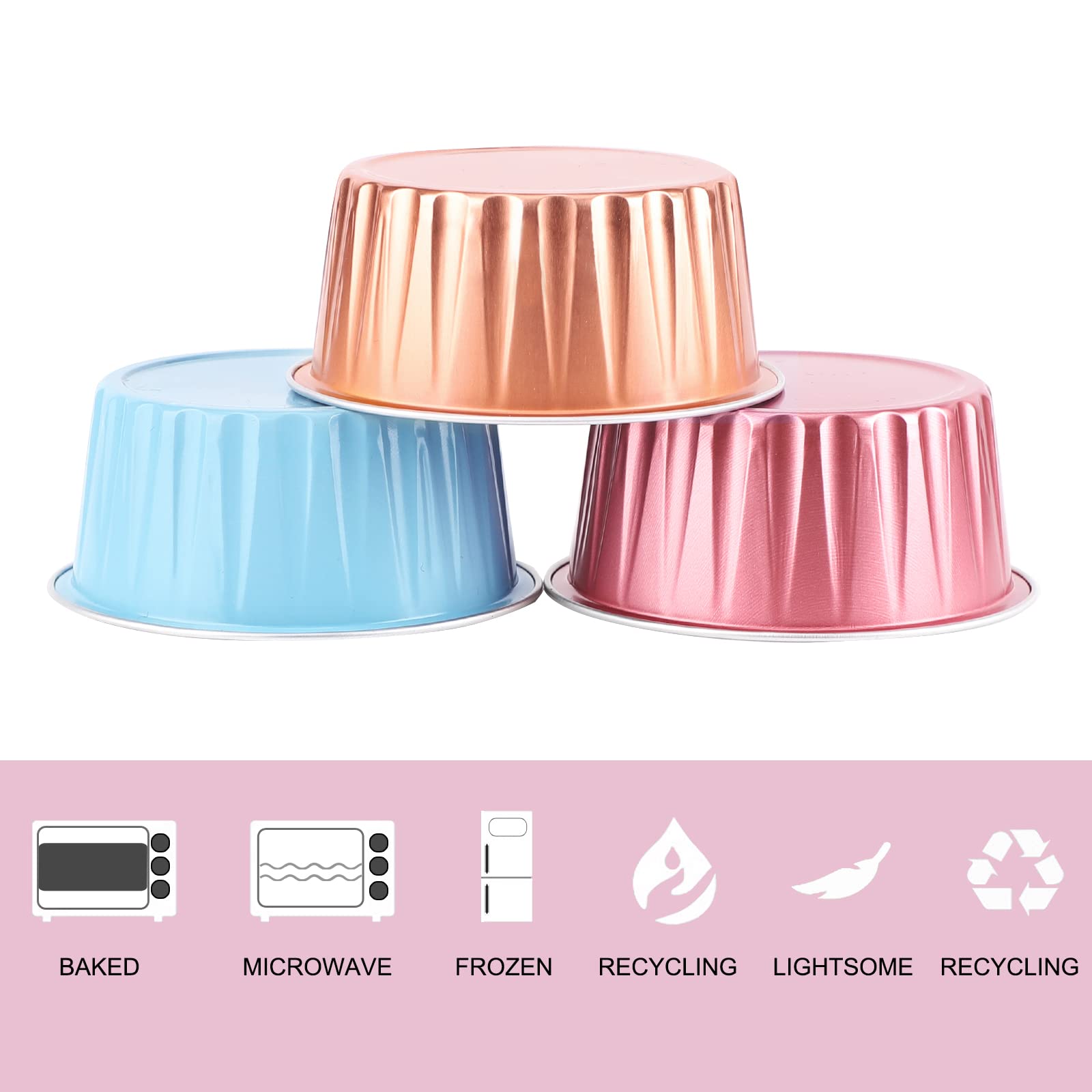 EUSOAR 5oz Aluminum Foil Baking Cups - 30 Pack (Blue, Red, Rose Gold) with Lids - 125ml Ramekins for Cupcakes, Pies, Desserts, Flans, Custards & Puddings - Perfect for Party Favors, Catering & Home Baking