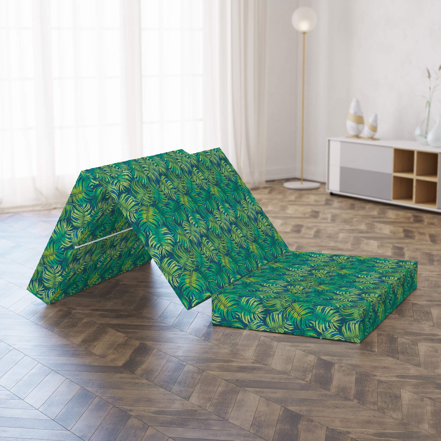Ambesonne Foldable Mattress with Hawaiian Tropical Leaves Design, 74.8