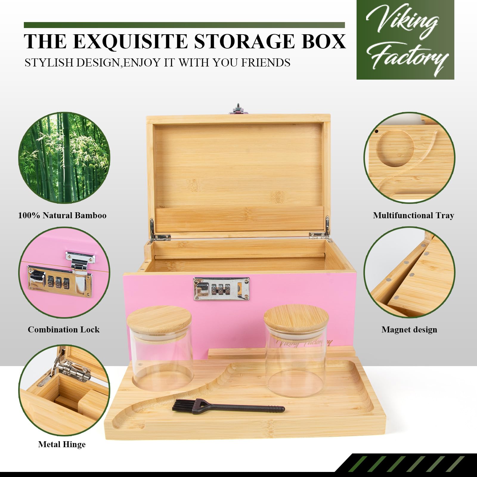 Extra Large Bamboo Gift Box with Combination Lock - Decorative Storage Organizer for Jewelry, Keepsakes & Essentials | Home, Office & Wedding Use (Pink)