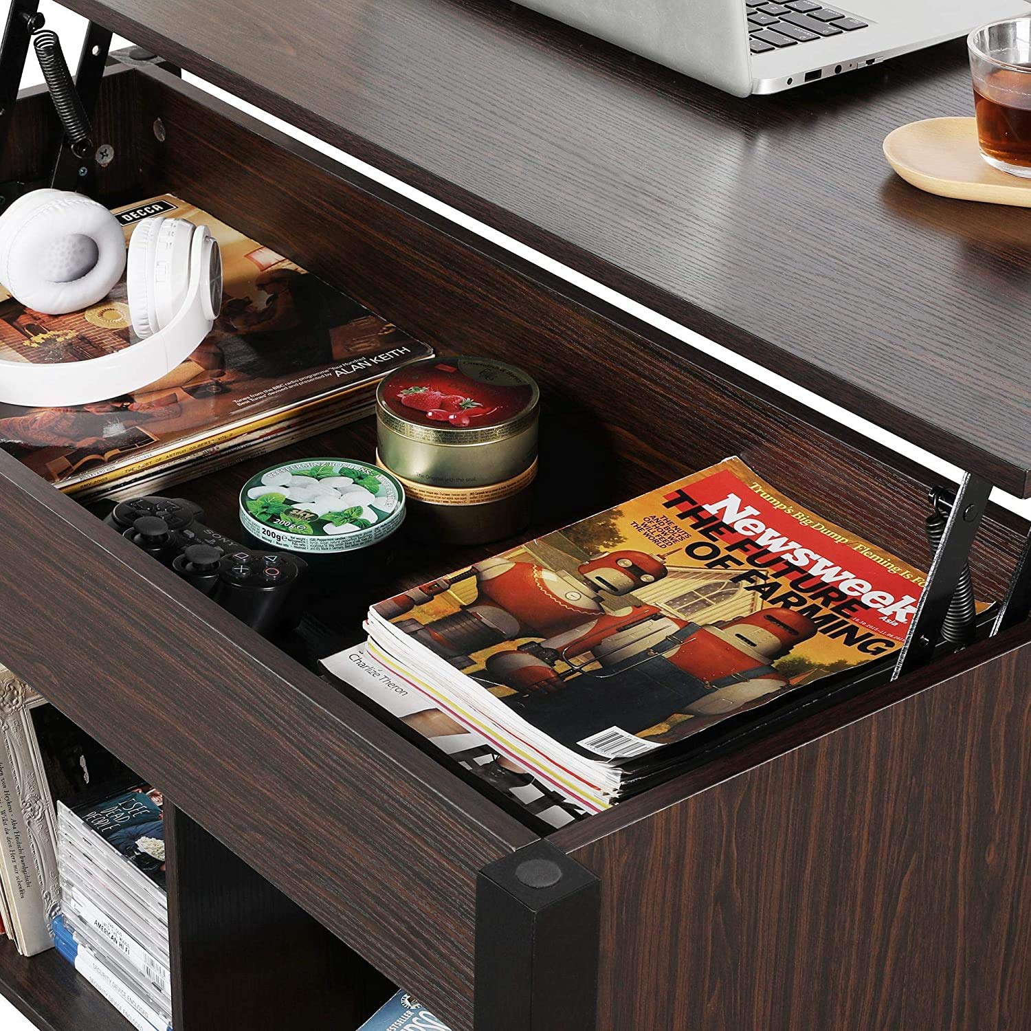 Minimalist Lift Top Coffee Table with Hidden Storage Compartment & Shelves - Modern Wooden Cocktail Table for Living Room, Bedroom, or Office (Brown) - Perfect for Small Spaces, Entertaining & Organization
