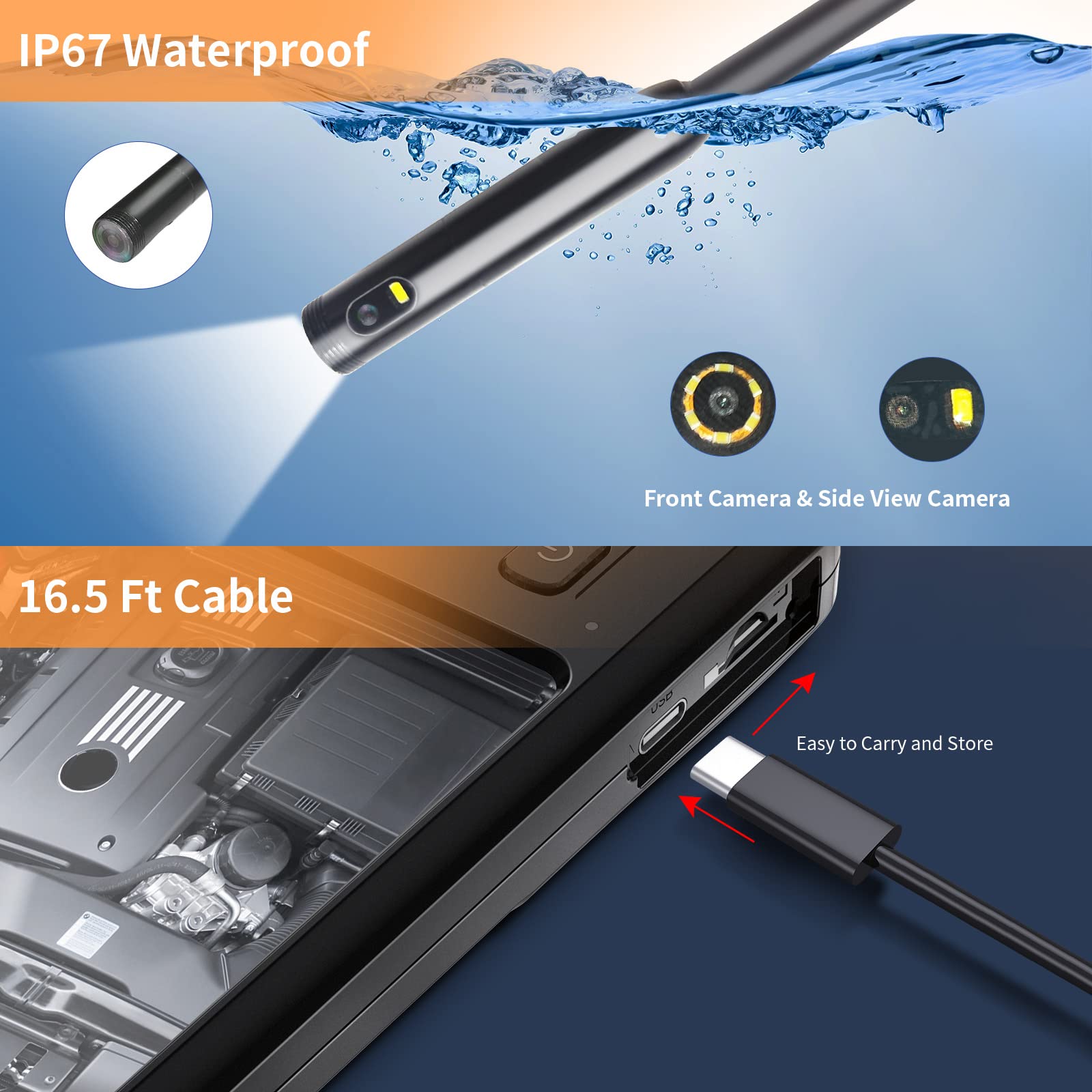 3T6B Dual Lens Endoscope – 7.9mm 1080P HD Borescope Inspection Camera with LED Light, Waterproof Snake Camera for Automotive, Plumbing & HVAC – 4.3