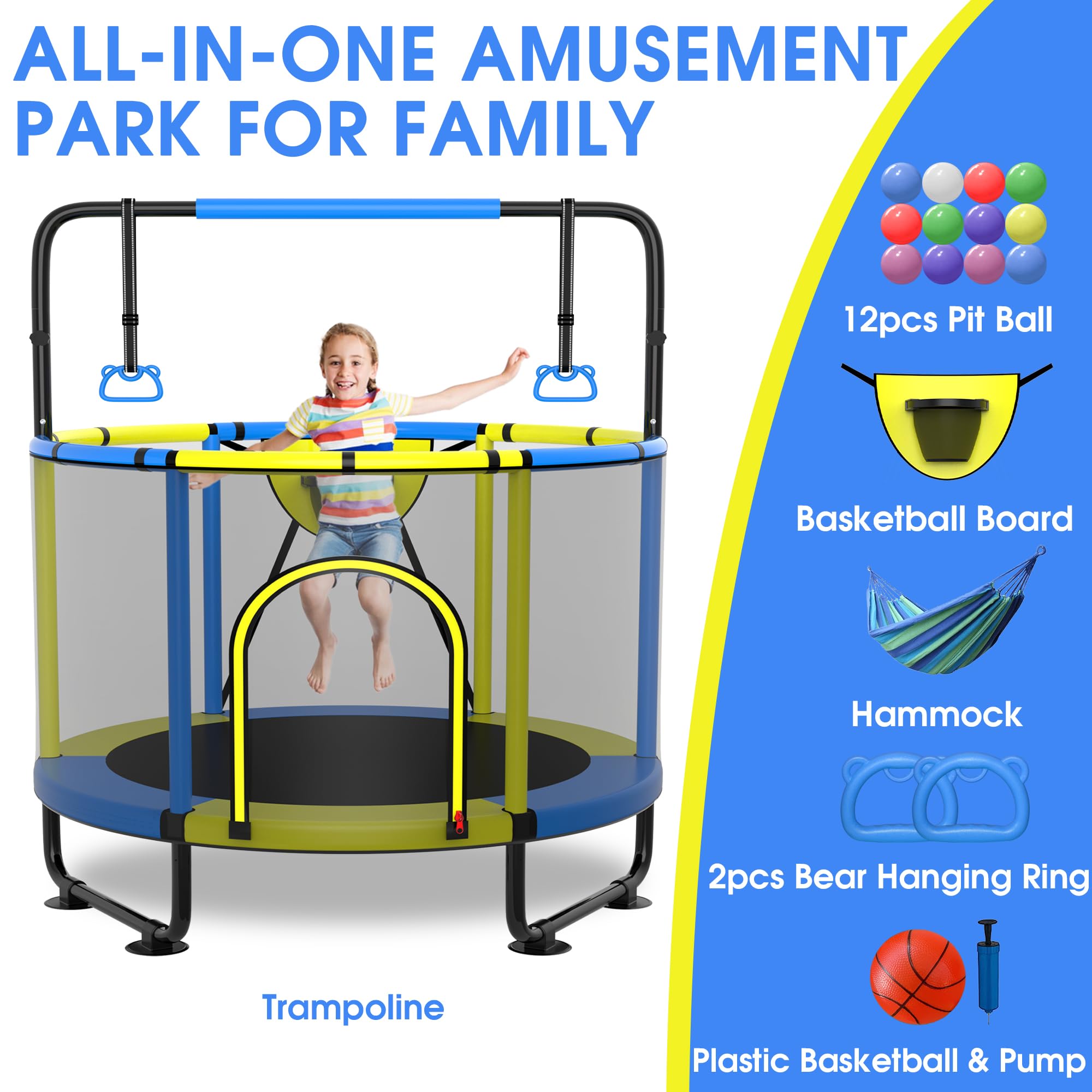 SKYUP 4.5/5/5.5FT Kids Trampoline with Safety Net - 400LBS Capacity Toddler Trampoline Set with Swing, Adjustable Gymnastics Bars & Basketball Hoop - Indoor/Outdoor Mini Trampoline for Boys & Girls Ages 3-8 | Perfect Birthday Gift & Backyard Play Equipment