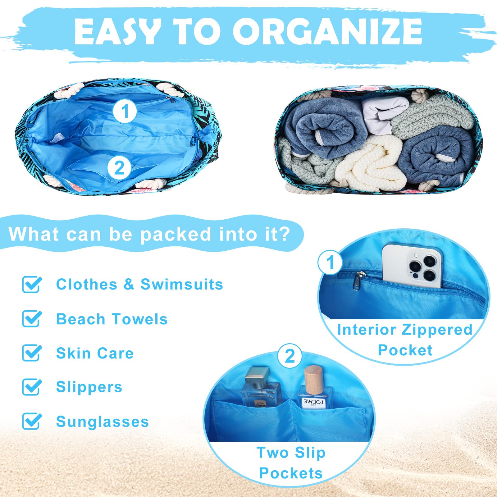 Kasqo Large Waterproof Beach Tote Bag for Women with Zipper & Small Pouch - Perfect for Swimming, Pool, Grocery Shopping, Travel & Vacation Essentials