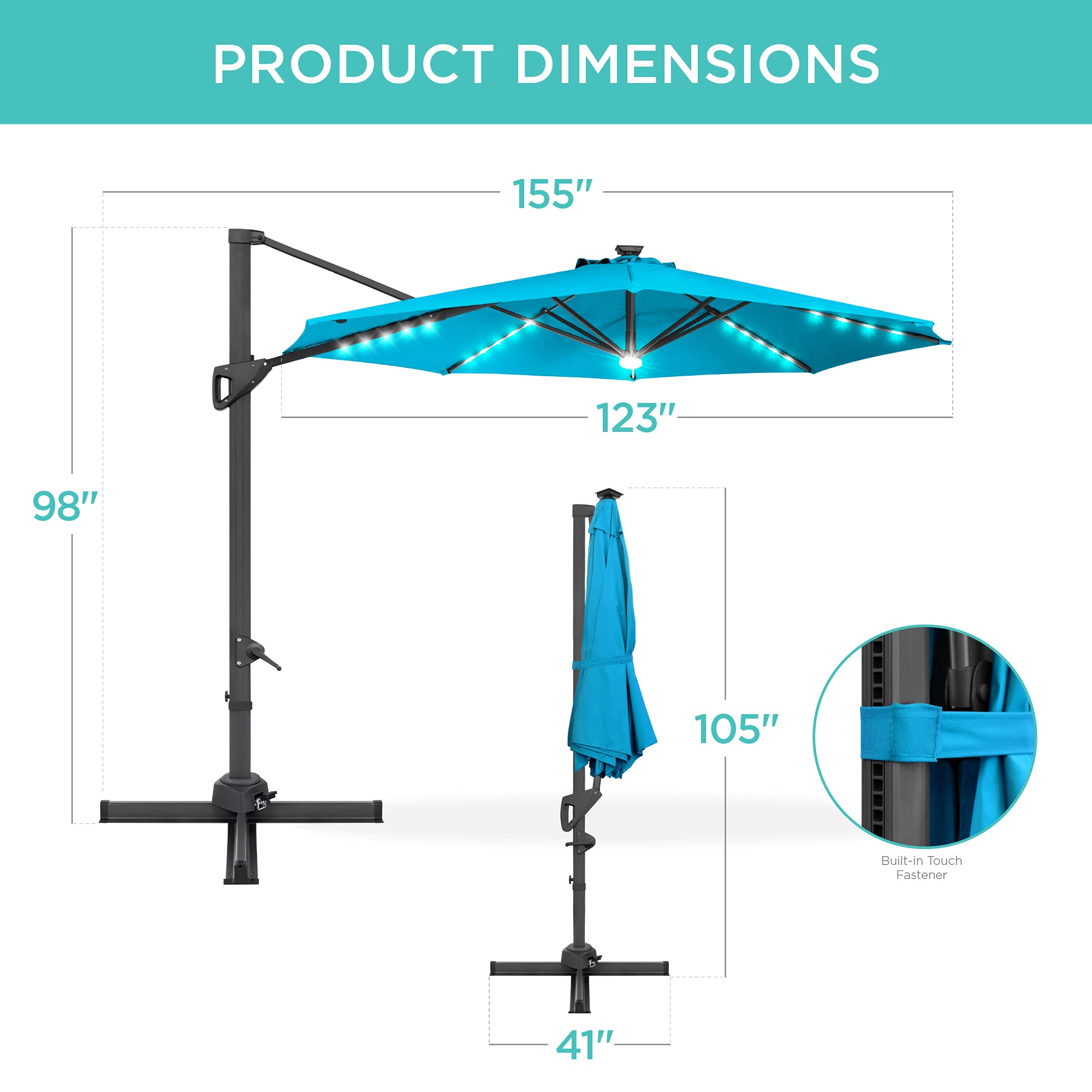 Best Choice Products 10ft Solar LED Cantilever Patio Umbrella with 360° Rotation - Outdoor Sun Shade for Backyard, Deck, Poolside with Built-in Lights & Easy Tilt - Perfect for Outdoor Dining, Lounging, and Entertaining
