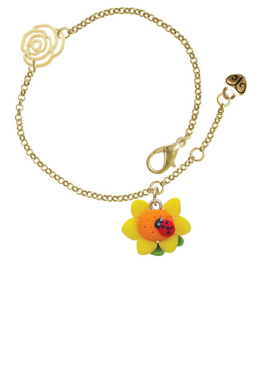 Delight Jewelry Fimo Clay Sunflower with Ladybug Charm Bracelet - Gold-tone Rose Link, Adjustable 6.25