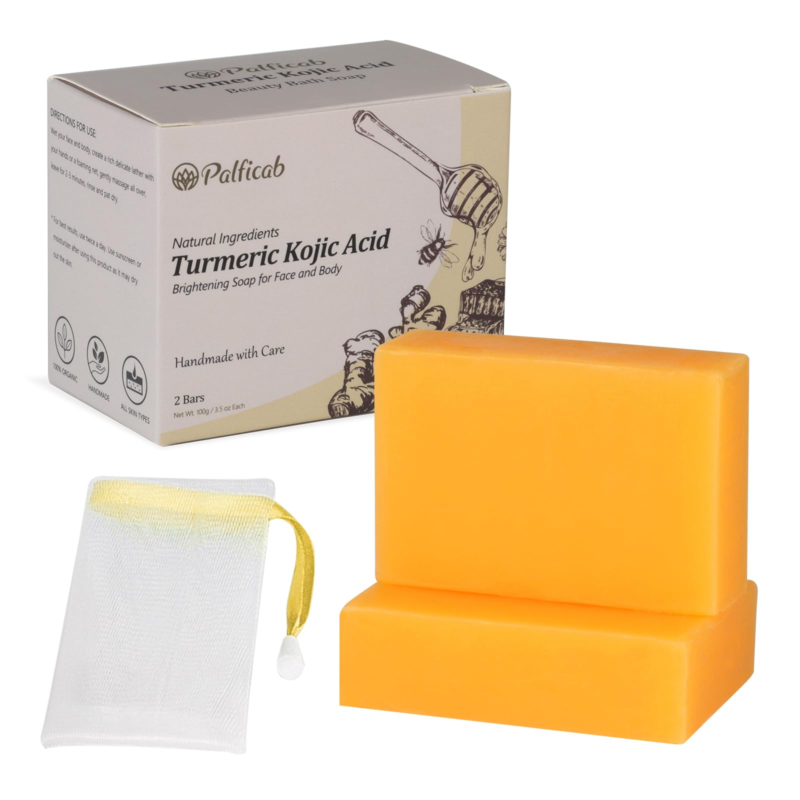 Kojic Acid Soap & Turmeric Soap Bar with Shea Butter, Coconut Oil & Vitamin C - Brightening Face & Body Cleanser for Women & Men - Natural Honey Infused Skin Care - Perfect for Daily Use, Gifts & Stocking Stuffers (2 Bars)