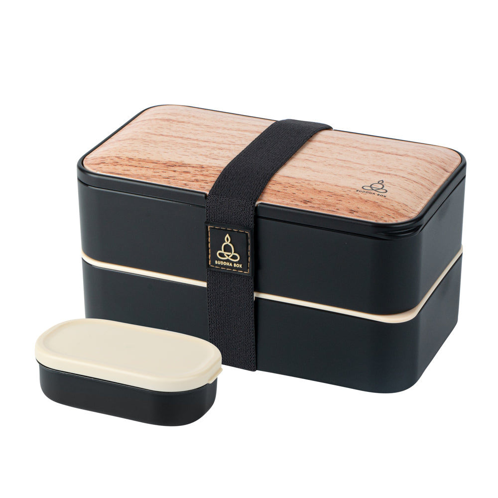 Bento Tek 41oz Wood Grain & Black Buddha Lunch Box with Utensils & Sauce Cup - 7.25
