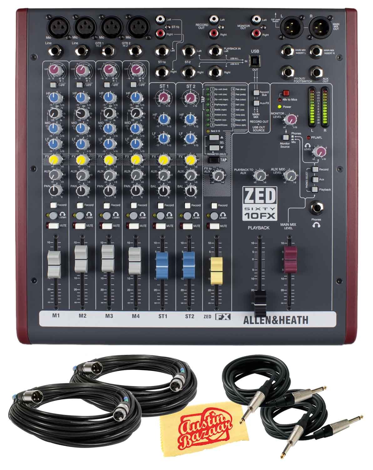 Allen & Heath Zed60-10FX 10-Channel Professional Audio Mixer with 2 XLR Mic Cables & 2 Instrument Cables - Perfect for Live Performances, Studio Recording & DJ Setups