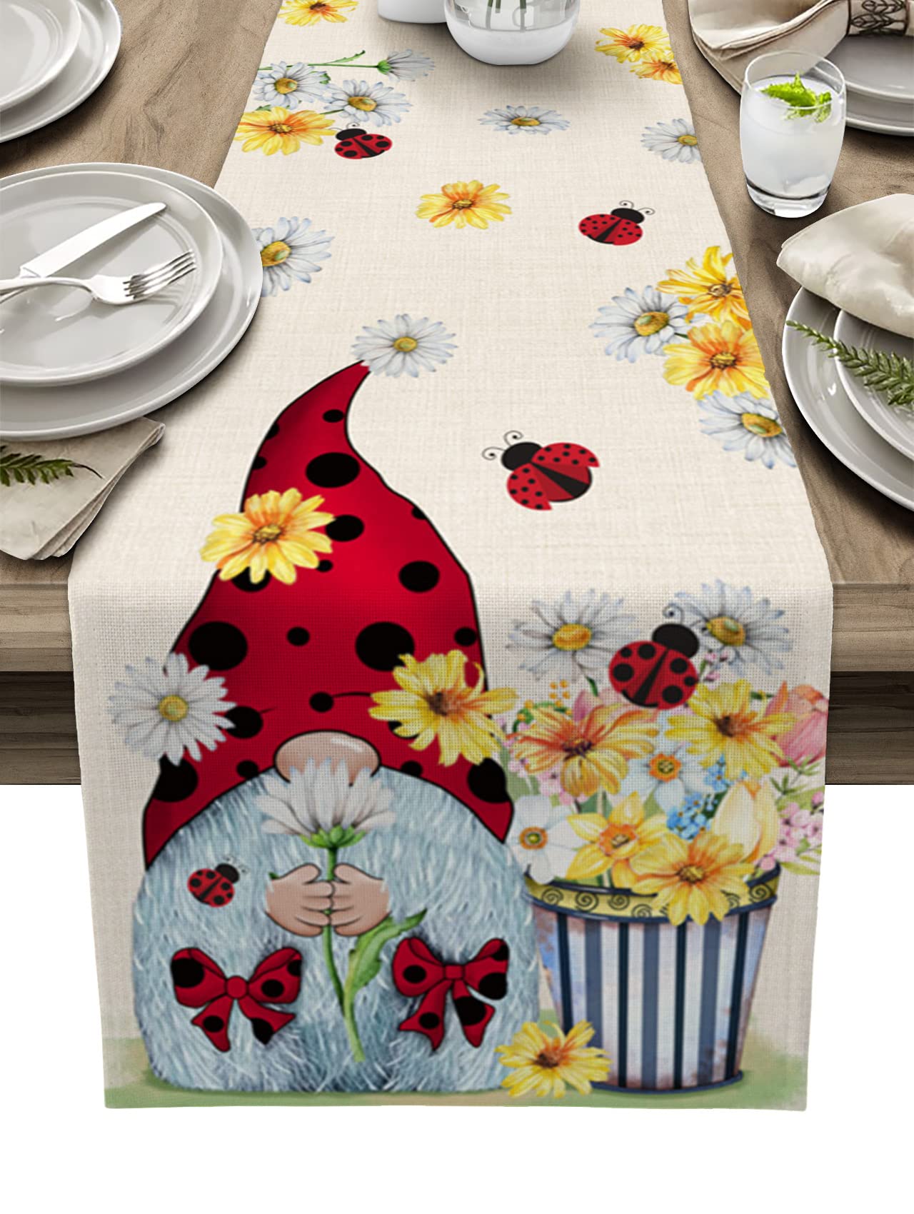 70 Inch Burlap Linen Table Runner - Summer Ladybug Gnomes Design for Farmhouse Kitchen, Dining Table, Dresser & Coffee Table Decor | Perfect for Spring Weddings, Banquets & Home Parties