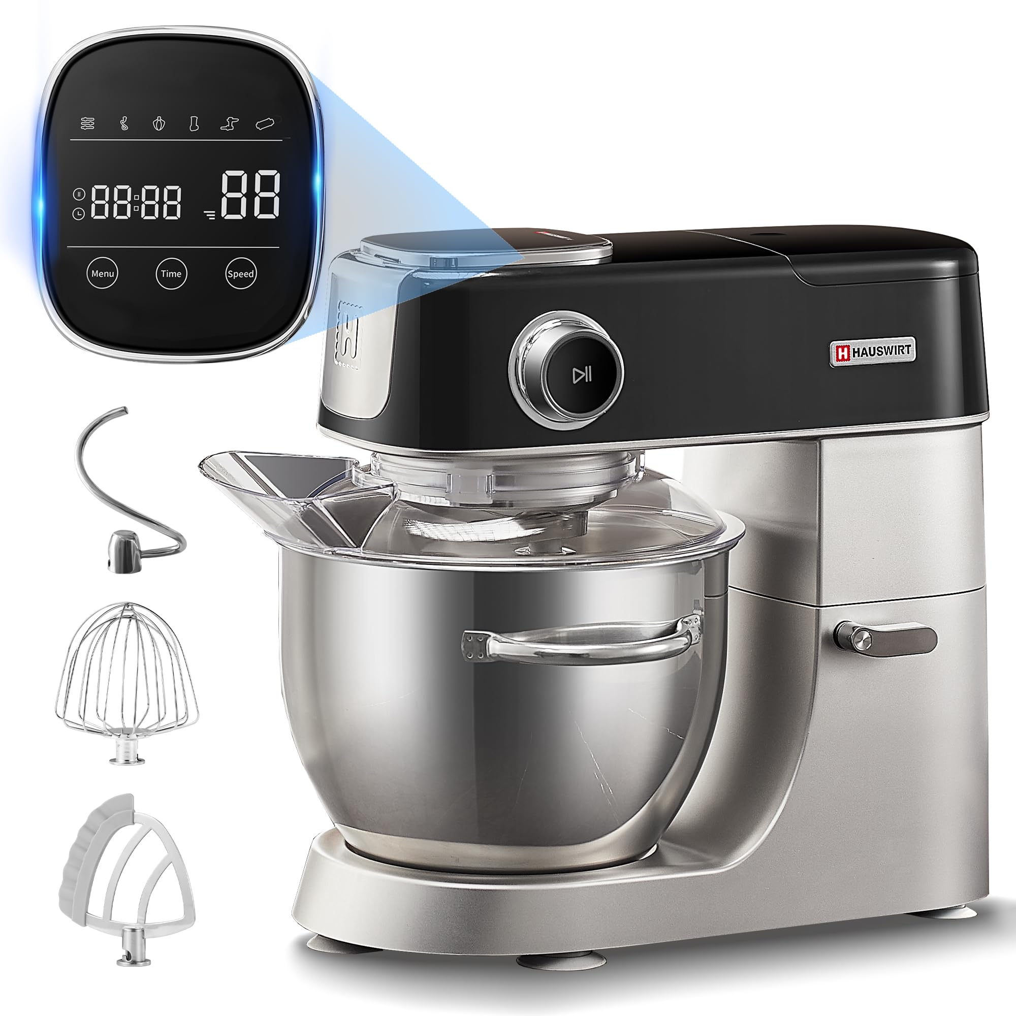 HAUSWIRT 5.3QT Stand Mixer - 11-Speed Electric Kitchen Mixer with Stainless Steel Attachments (Egg Whisk, Dough Hook, Flat Beater) - LED Display Household Mixer for Baking, Cooking & Meal Prep - Perfect for Cakes, Cookies, Bread & Dough - Black