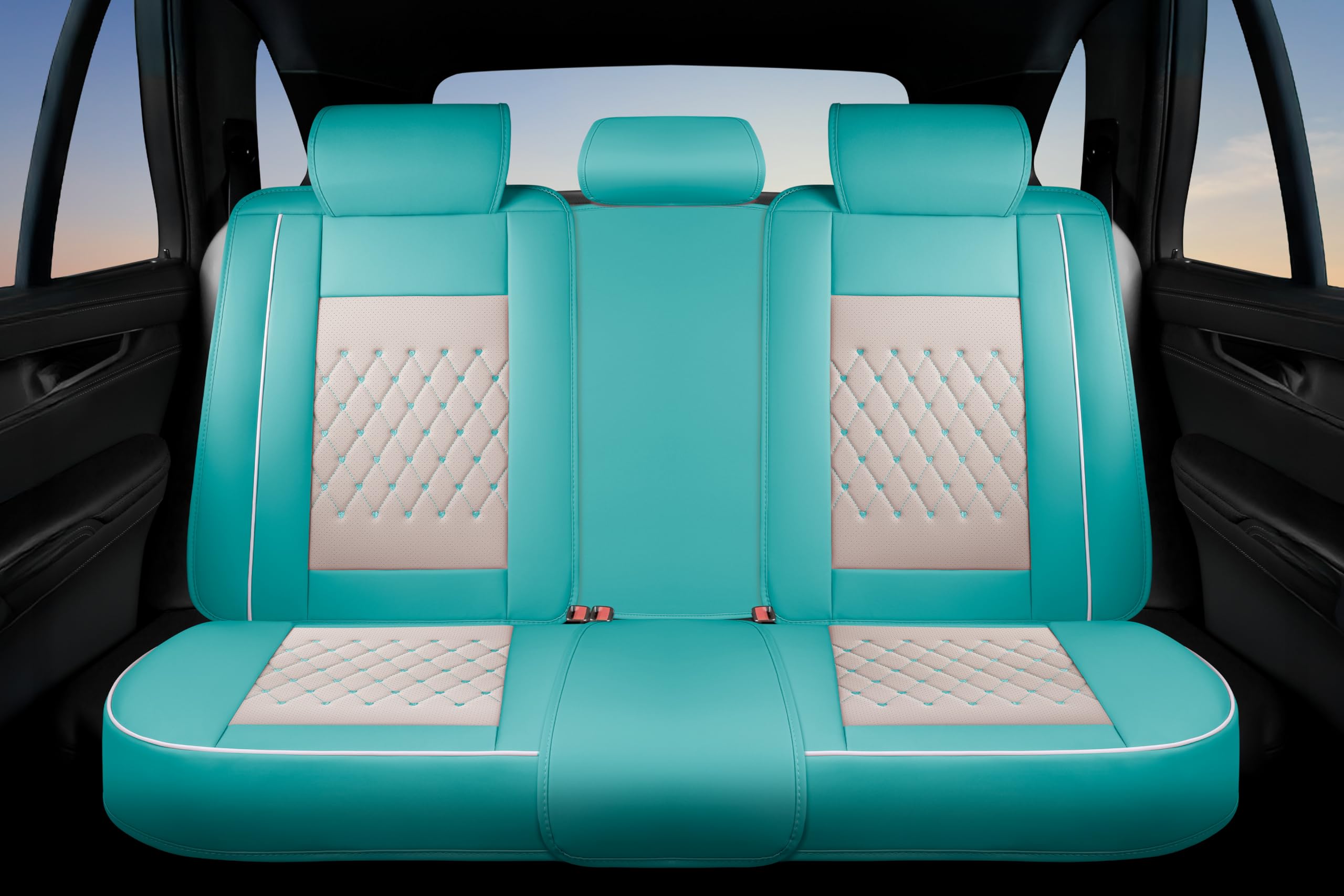 Universal Waterproof PU Leather Car Seat Covers Full Set - Premium Auto Interior Accessories for Cars, SUVs & Pickup Trucks (Green-Beige) | Perfect for Road Trips, Daily Commutes & Family Protection