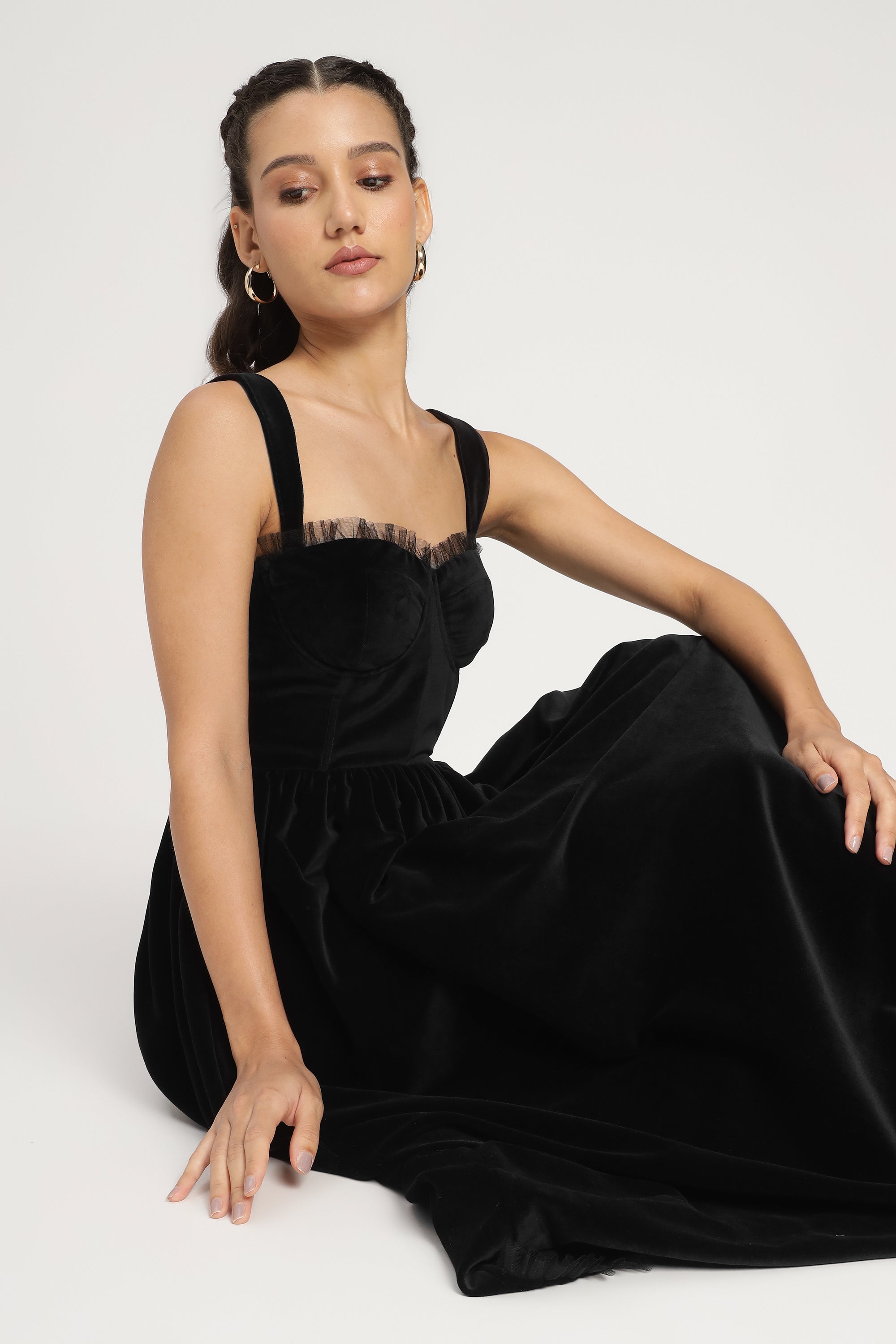 Dune Black Velvet Midi Dress for Women - Elegant Party & Evening Wear - Perfect for Weddings, Cocktail Parties & Date Nights