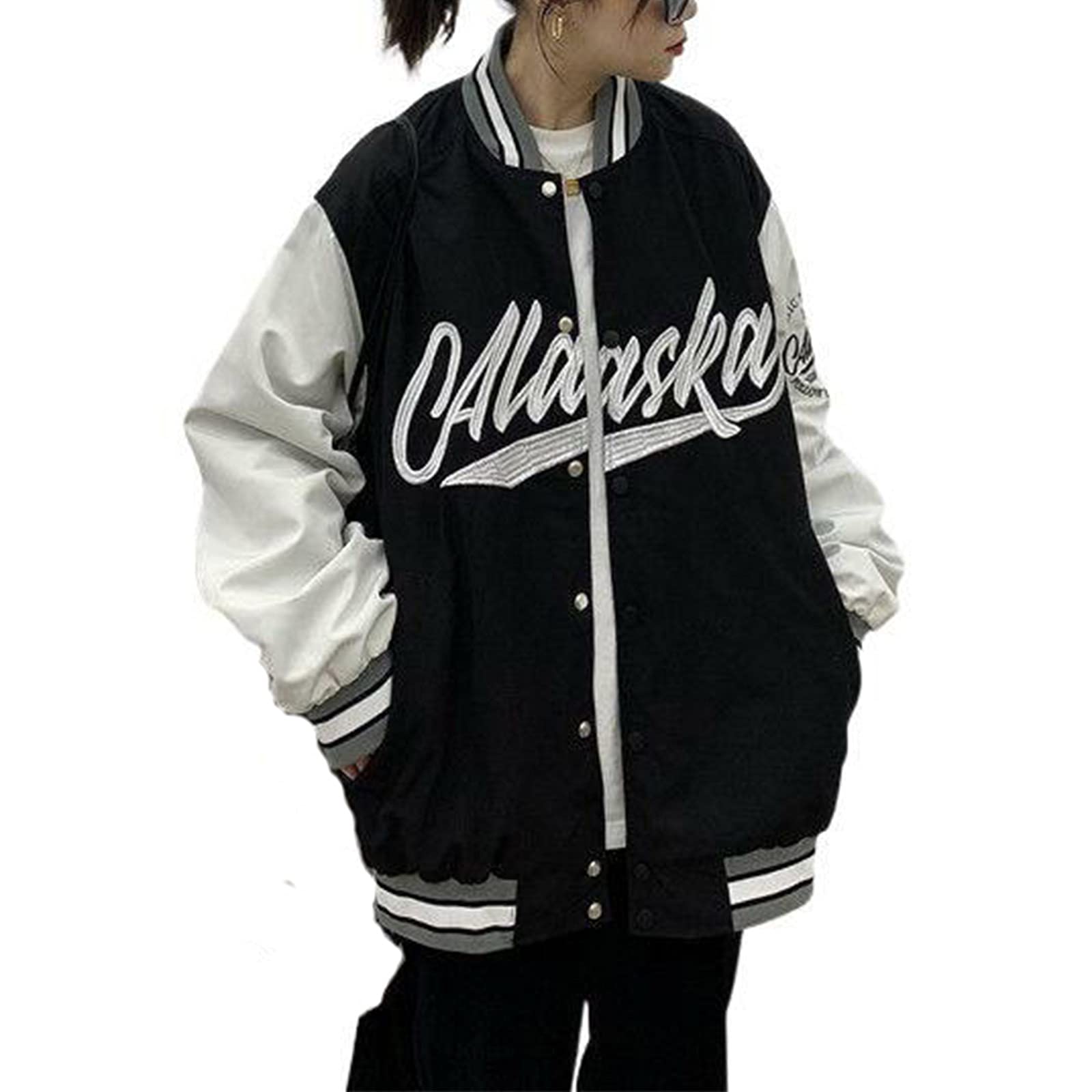 Women's Oversized Baseball Jacket - Classic Letter Embroidery Long Sleeve Bomber Jacket for Women & Men | Streetwear Fashion | Perfect for Casual Outings, Music Festivals & Urban Style