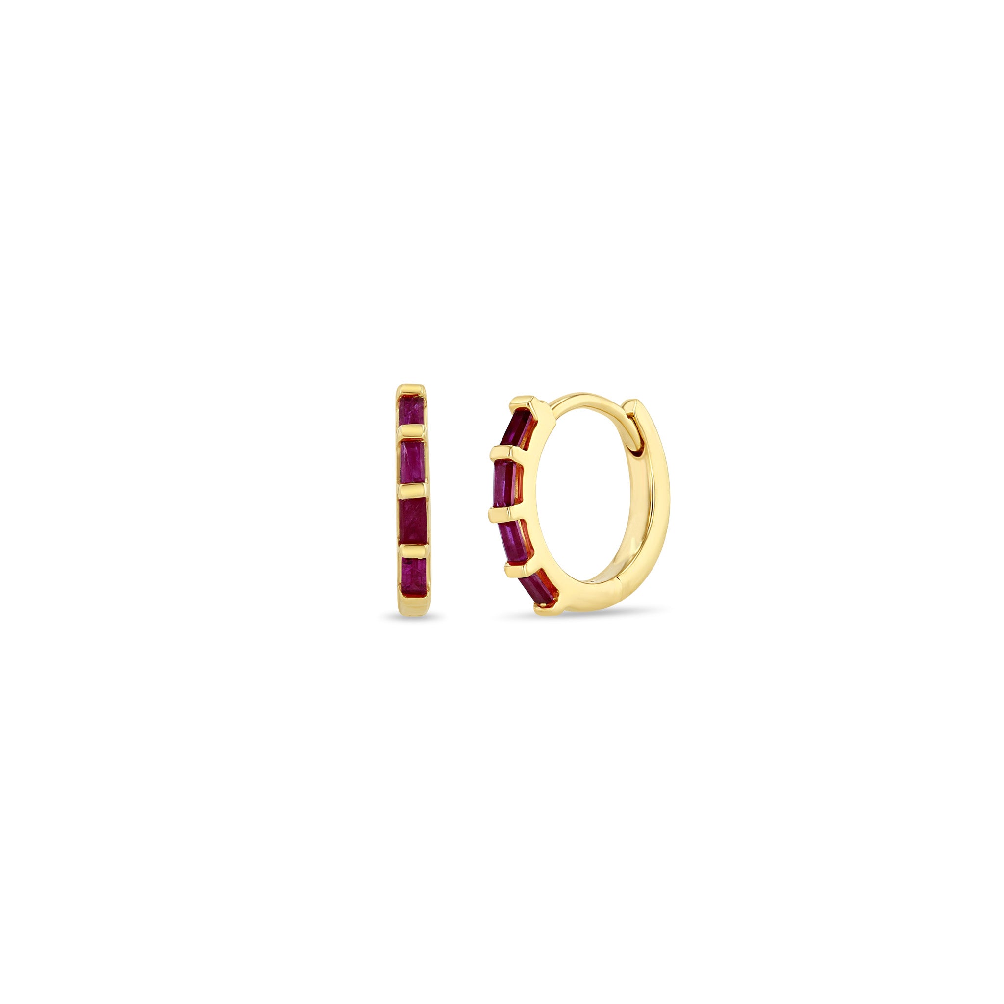 14K Gold Baguette Ruby Hinge Huggie Hoop Earrings for Women - Elegant Everyday Jewelry for Work, Date Night & Special Occasions