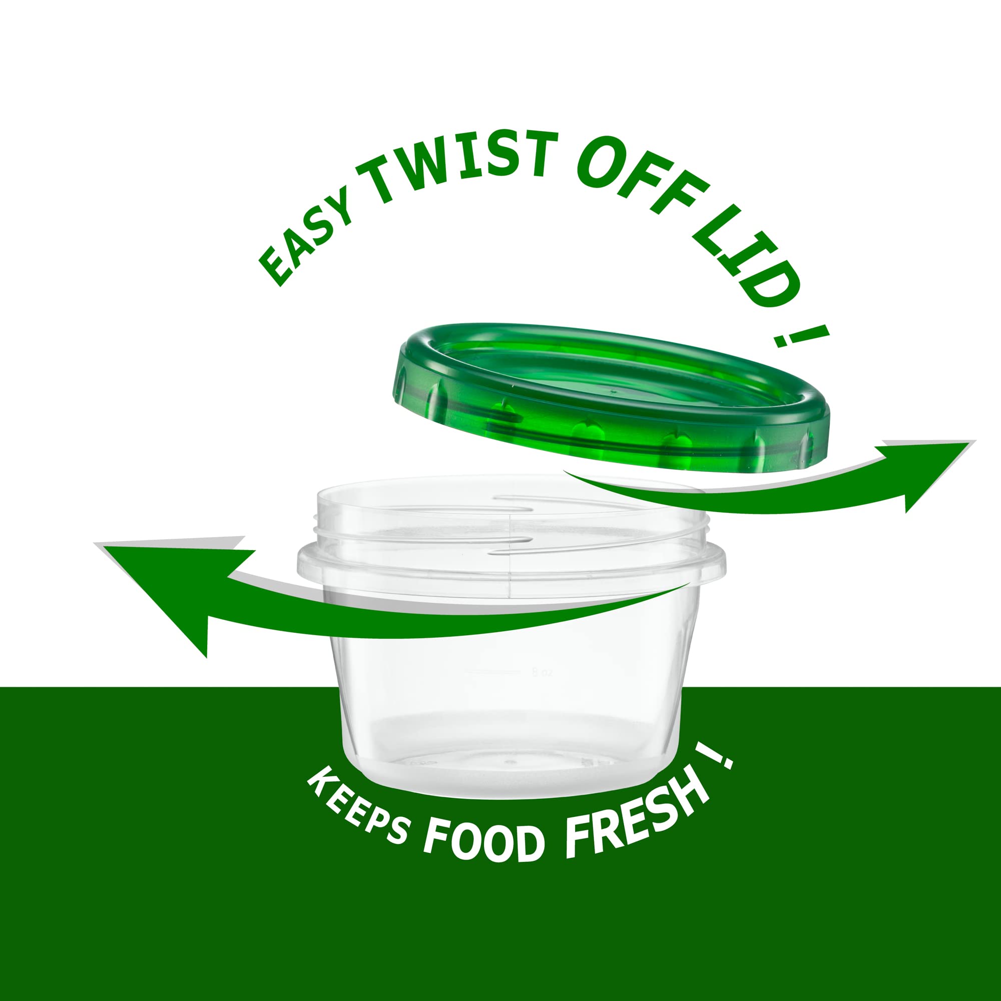 20 Pack 8oz Clear Plastic Food Storage Containers with Green Screw-On Lids - Freezer Safe Twist Cap Containers for Meal Prep, Leftovers & Snacks