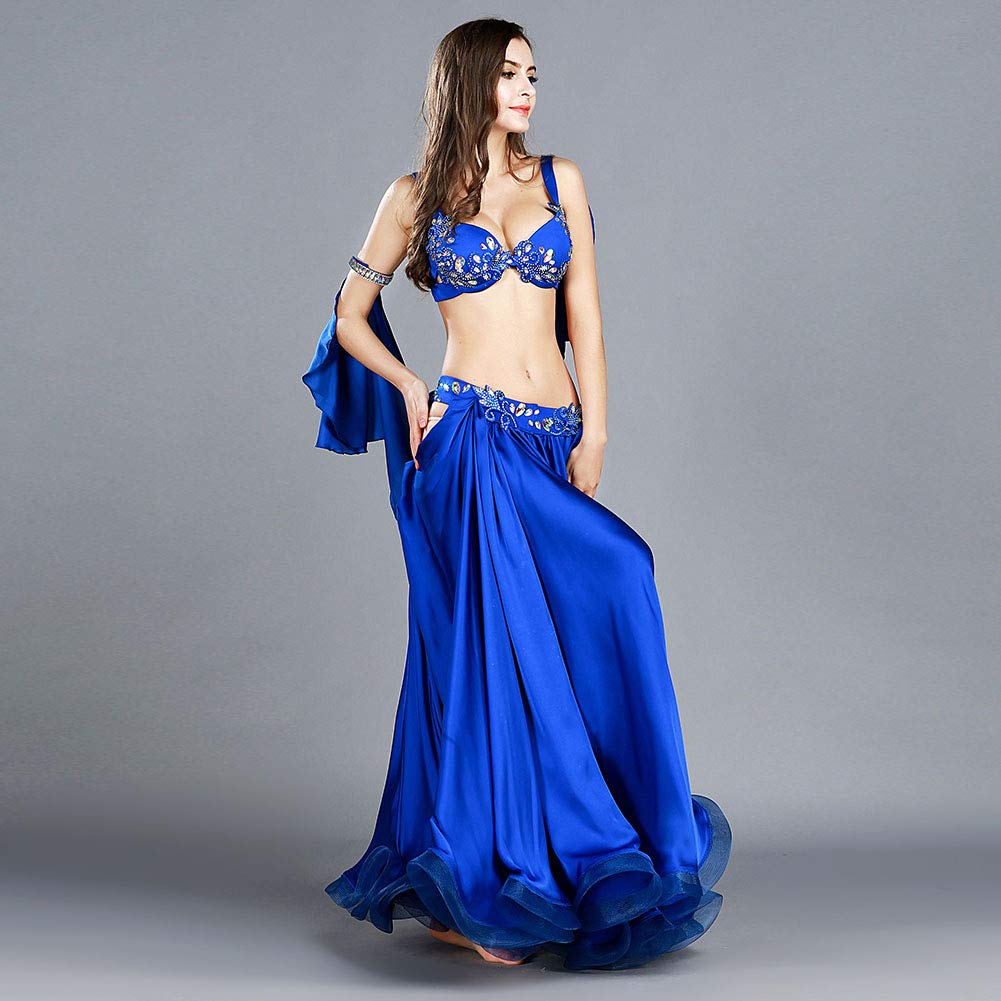 Royal Smeela Women's Belly Dance Costume Set - 2 Piece Skirt & Bra Outfit with Armbands & Shawls for Professional Performances & Practice