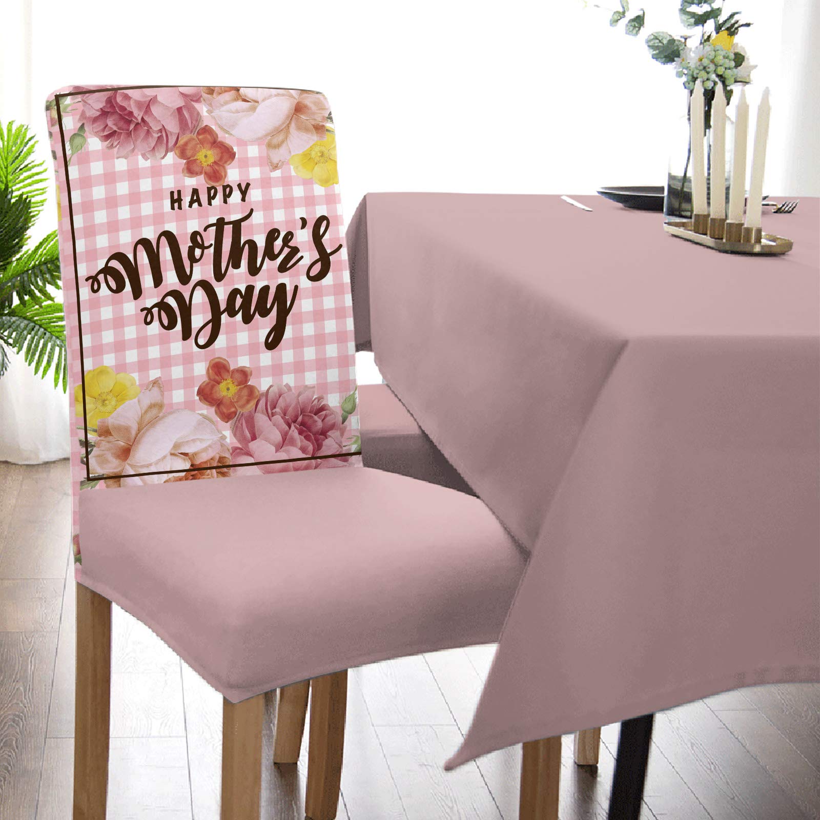 Happy Mother's Day Gift - 8 Pack Floral Pink Buffalo Check Stretch Dining Chair Covers | Washable Slipcovers for Kitchen, Restaurant & Party Decor | Perfect for Home, Wedding & Holiday Gatherings