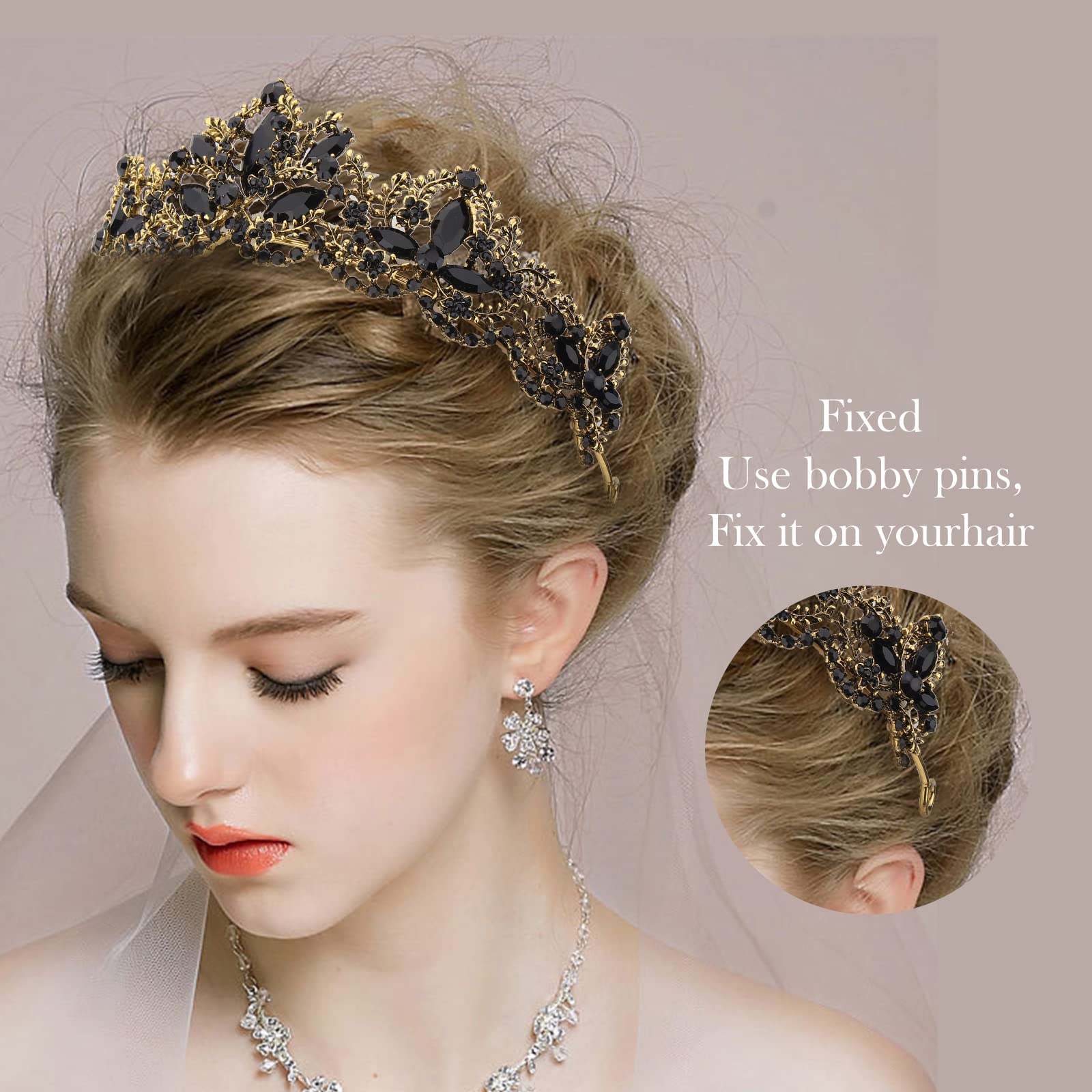 Elegant Black Tiara with Gold Crown for Women & Girls - Crystal Rhinestone Headband for Wedding, Birthday, Prom, Bridal Party | Perfect for Halloween Costume & Christmas Gift - Princess Party Accessory