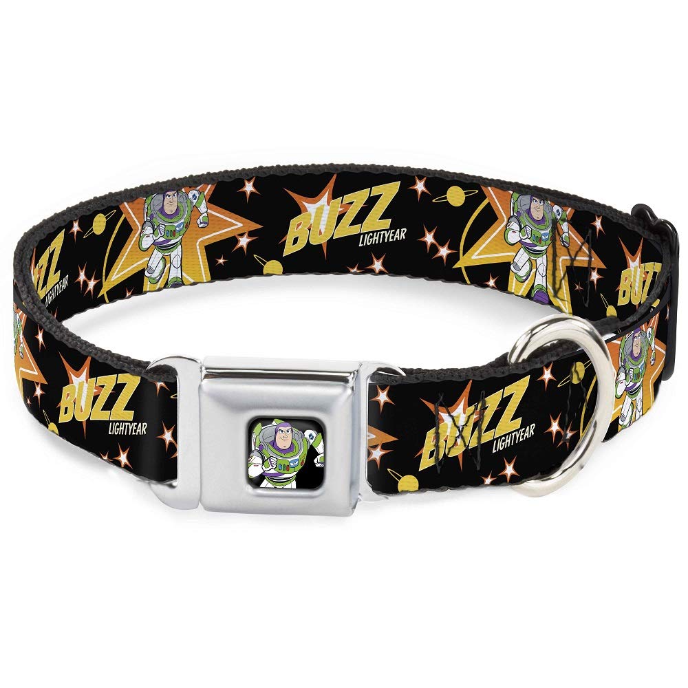Buckle-Down Dog Collar with Seatbelt Buckle - Toy Story Buzz Lightyear Running Stars Design (Black, Orange, Yellow) - 1-Inch Wide Adjustable Collar for Large Dogs (15-26