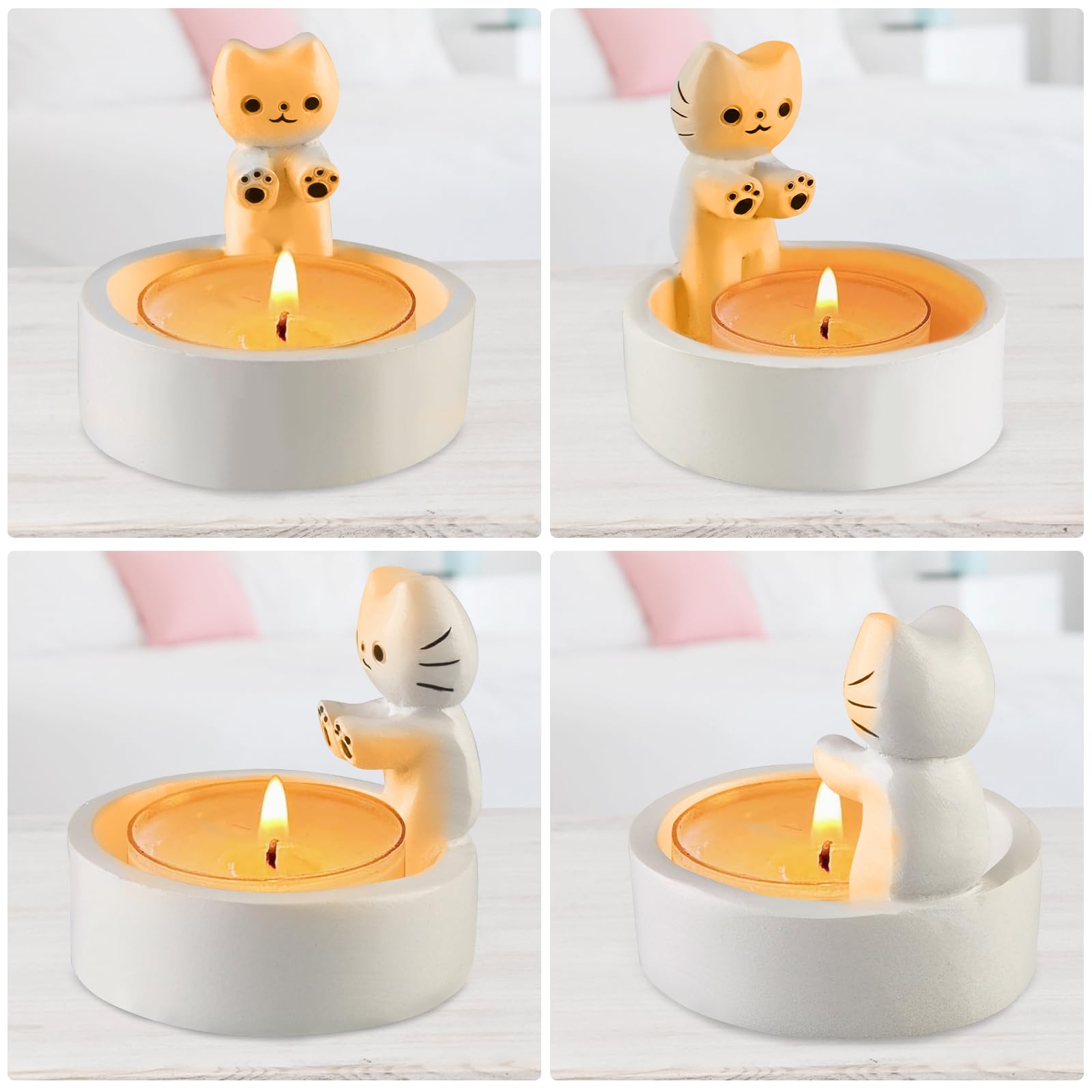 Cute Cartoon Kitten Candle Holder - Handmade Ceramic Cat Candlestick with Warming Paws for Scented Candles | Perfect Cozy Home Decor for Living Room, Bedroom & Gift Ideas