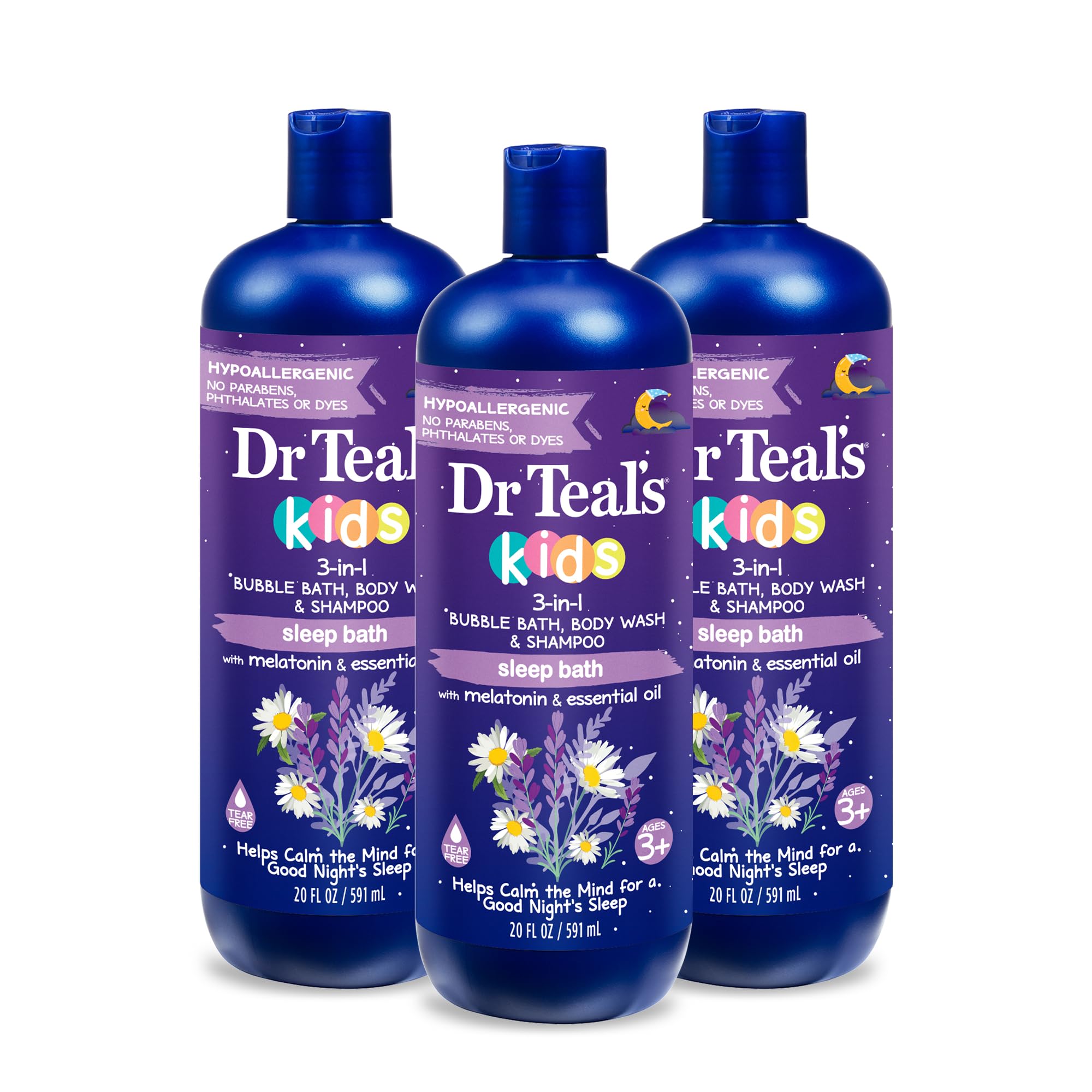 Dr Teal's Kids 3-in-1 Bubble Bath, Body Wash & Shampoo with Melatonin & Essential Oils | Elderberry & Vitamin C for Relaxation & Renewal | Gentle Cleansing for Bedtime, Playtime & Daily Baths