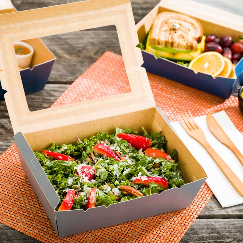 Restaurantware Cafe Vision 71oz Disposable To-Go Food Containers - 200 Pack Grease-Resistant Gray Paper Takeout Boxes with Hinge Lock & Window for Lunch, Desserts, Catering, and Restaurant Use