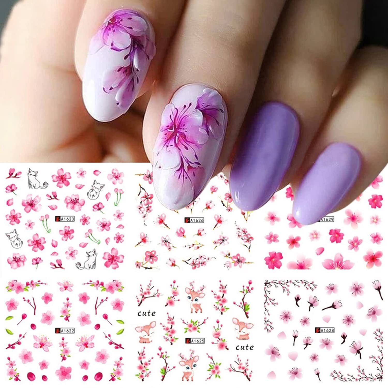 Cherry Blossom Nail Stickers - Holographic Floral Water Transfer Decals for DIY Nail Art | Pink Flower Nail Designs for Women | Manicure Supplies & Acrylic Nail Decorations | Perfect for Spring Nails, Bridal Parties & Salon Use