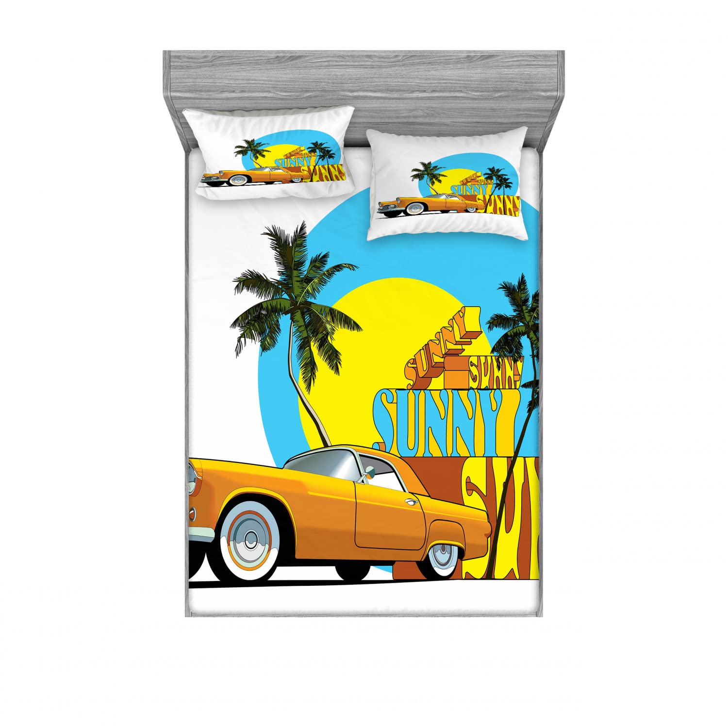 Vintage Miami City Car Print 4-Piece Bedding Set - 2 Full Size Fitted Sheets & 4 Pillow Shams in Orange, Yellow & Blue Retro Design | Perfect for Guest Rooms, Beach Houses & Mid-Century Modern Bedrooms