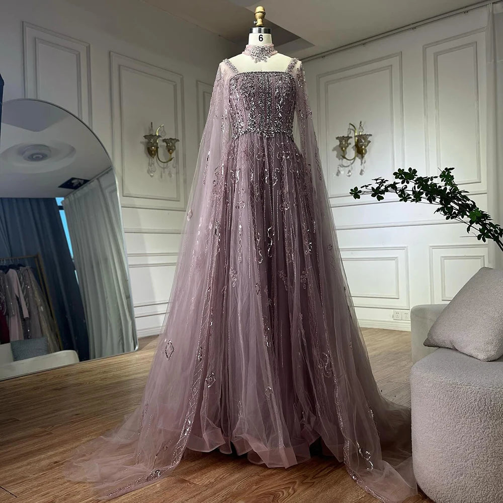 Luxury Dubai Arabic Nude A-Line Cape Sleeve Crystal Beaded Evening Gown for Women - Saudi Formal Dress LA72764 | Wedding, Prom, Gala & Special Occasions