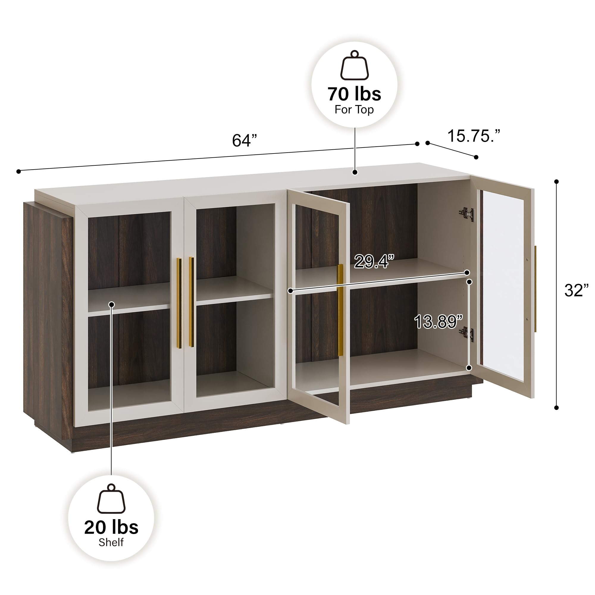 BELLEZE Modern Sideboard Buffet Cabinet with Glass Doors & Storage - White Wood Console Table for Kitchen, Dining Room, Living Room, Hallway or Entryway | Perfect for Home Organization & Stylish Display (Brixston Collection)