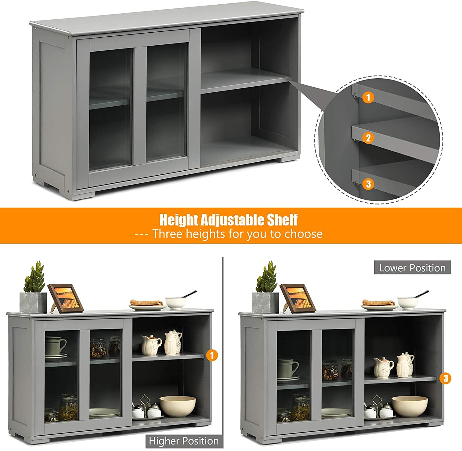 Grey Wooden Sideboard Buffet Cabinet with Adjustable Shelf & Glass Sliding Doors - Stackable Cupboard Storage Table, Coffee Bar Credenza for Kitchen, Dining Room, Living Room & Entryway - Perfect for Home Organization & Entertaining Guests