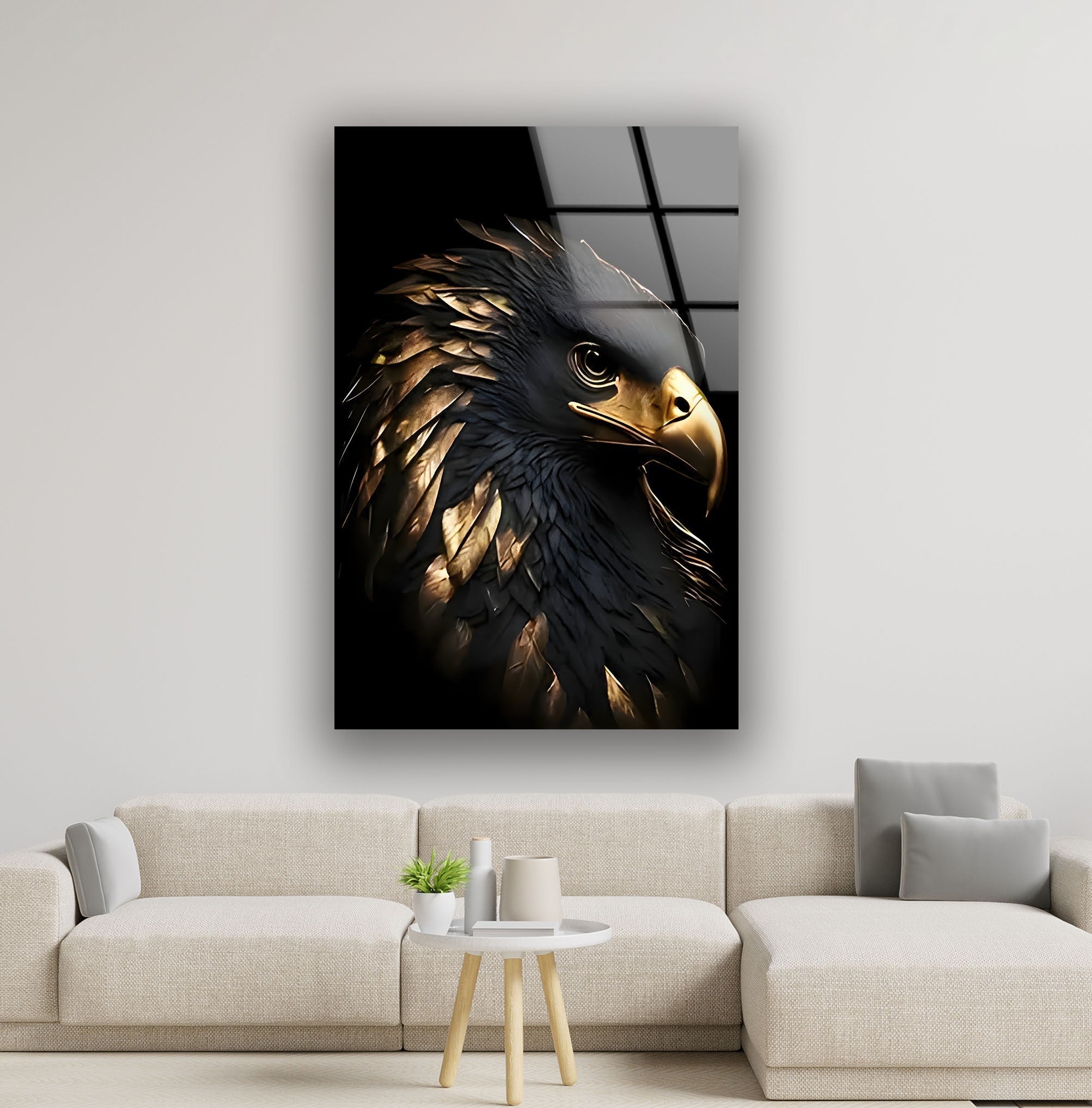 Black Gold Eagle Glass Wall Art - Handmade Modern Home Decor for Living Room, Bedroom & Office - Elegant Glass Artwork for Gifts & Interior Design