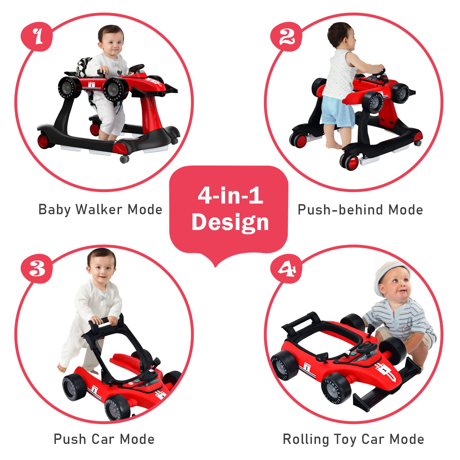 BABY JOY 4-in-1 Foldable Baby Activity Walker with Adjustable Height & Speed - Musical Light-Up Push Walker Toy with Anti-Rollover Wheels for Toddlers 6-18 Months (Red) | Perfect for Learning to Walk, Indoor Play & Early Development
