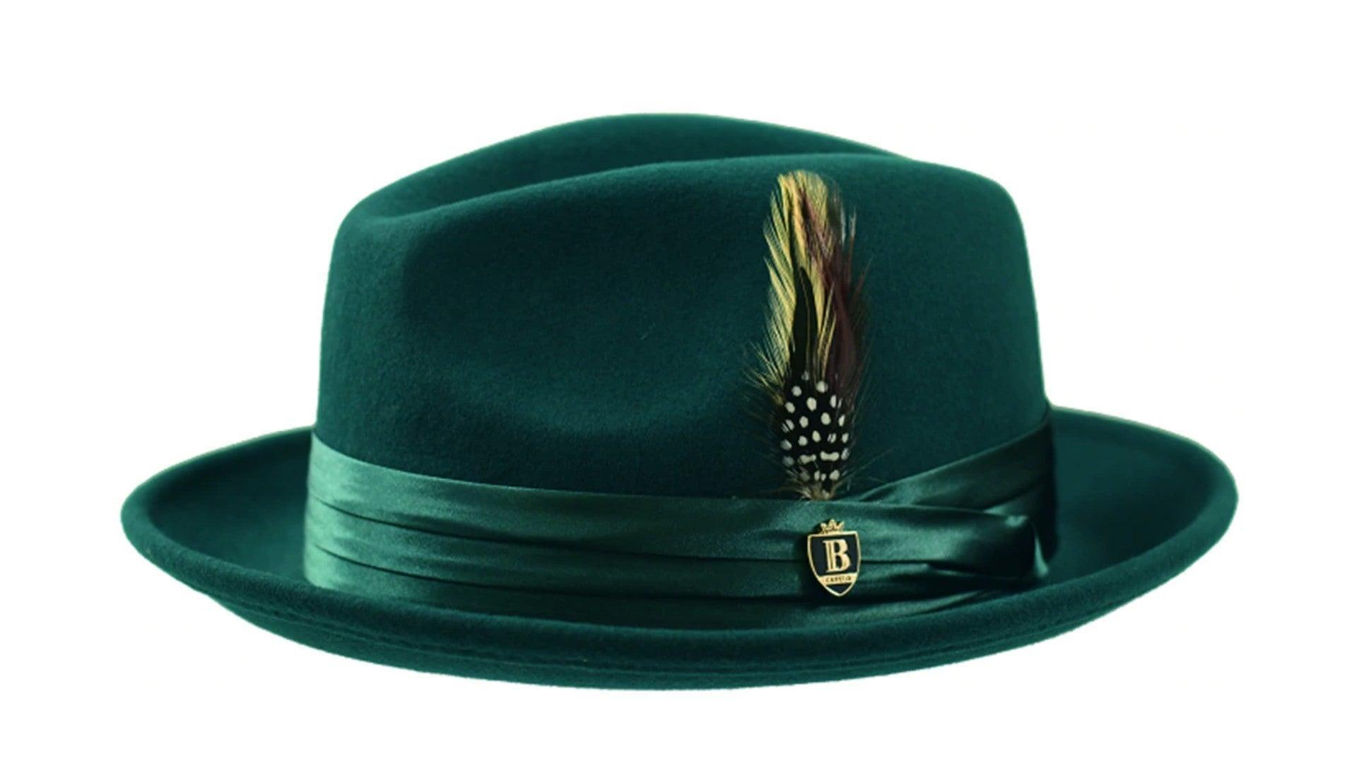 Hunter Green Wool Felt Fedora Hat for Men - Classic Dress Fedora with Wide Brim - Perfect for Weddings, Parties & Vintage Style Outfits