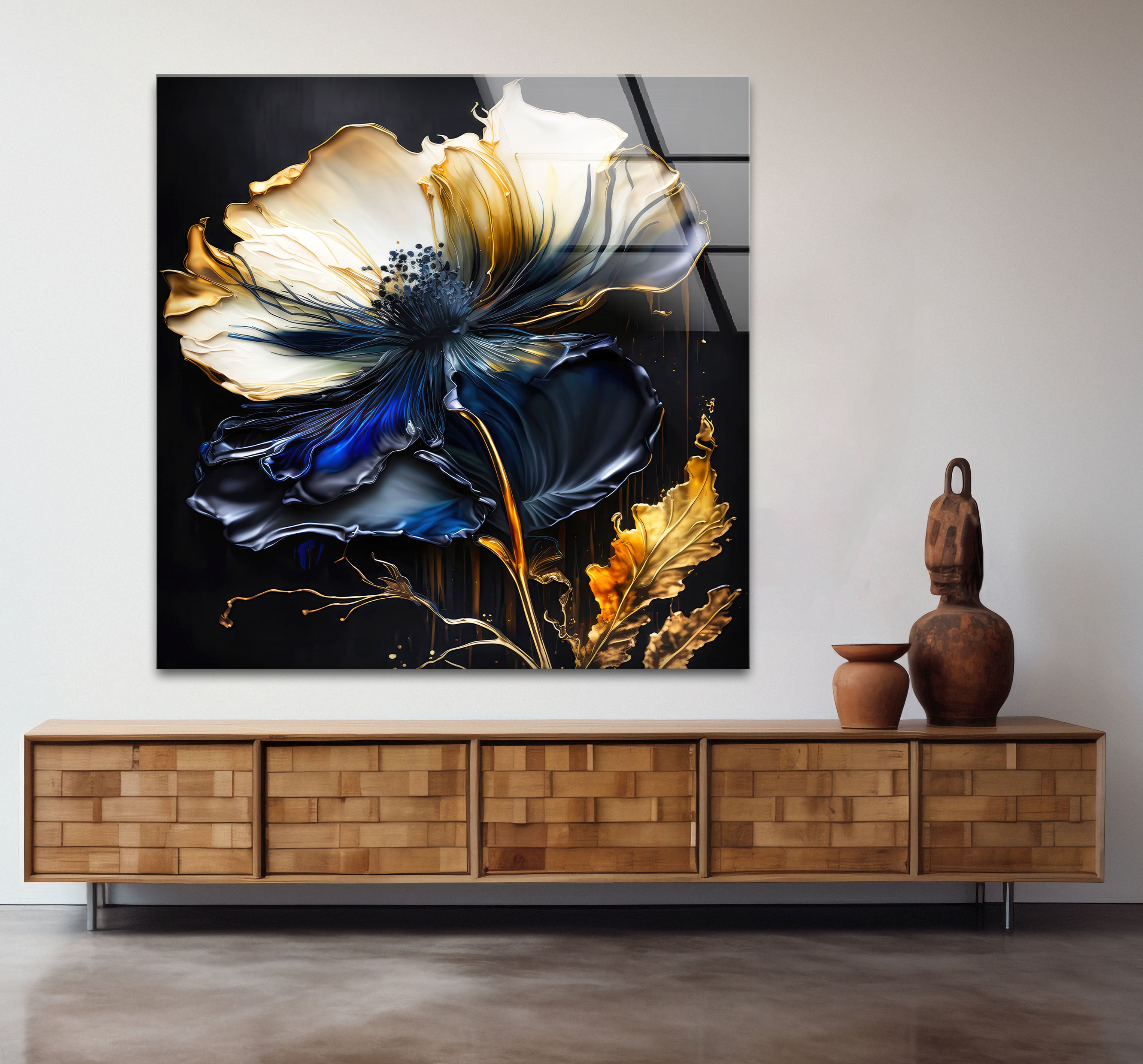 Blue and Gold Floral Wall Art - Elegant Dark Botanical Glass Print for Modern Luxury Home Decor | Perfect for Living Room, Bedroom & Office Wall Decor