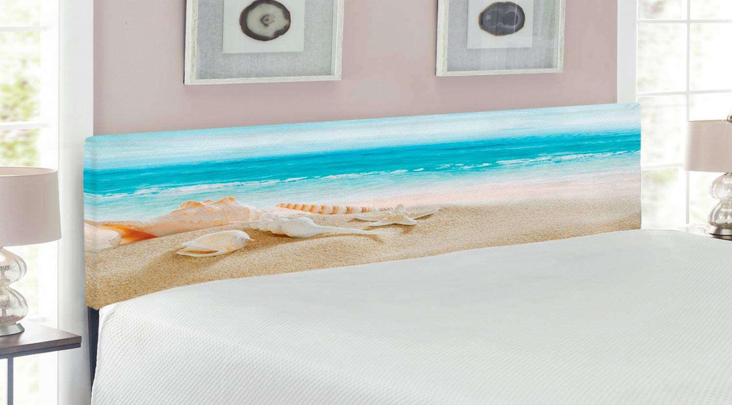 Ambesonne Seashells Upholstered Headboard - Pastel Beach Waves Design King Size Metal Bed Frame with Memory Foam | Coastal Bedroom Decor for Summer Vacation Homes & Guest Rooms