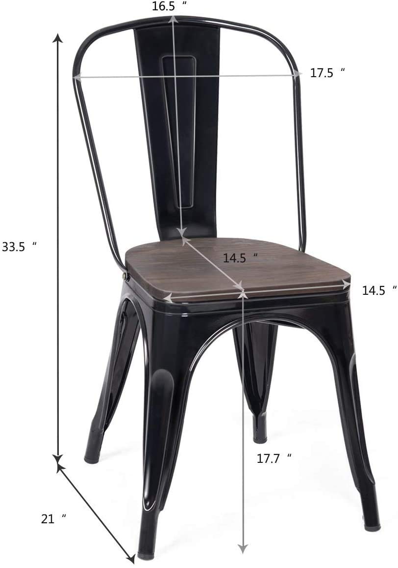 GOFLAME Set of 4 Metal Dining Chairs with Wood Seat - Tolix Style Stackable Bistro Chairs for Indoor & Outdoor Use - High Back Cafe Side Chairs for Restaurant, Living Room, Patio & Kitchen (Black)