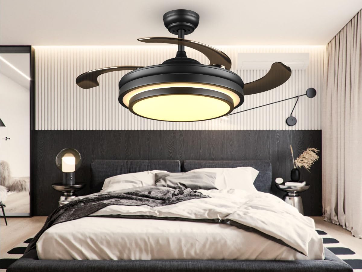 42 Inch Black Modern Ceiling Fan with Lights and Remote Control - 6 Speed Dimmable LED Smart Fandelier, Silent Reversible Blades, APP/WiFi Control for Bedroom, Kitchen, Living Room, Office - Energy Efficient Cooling & Stylish Home Decor