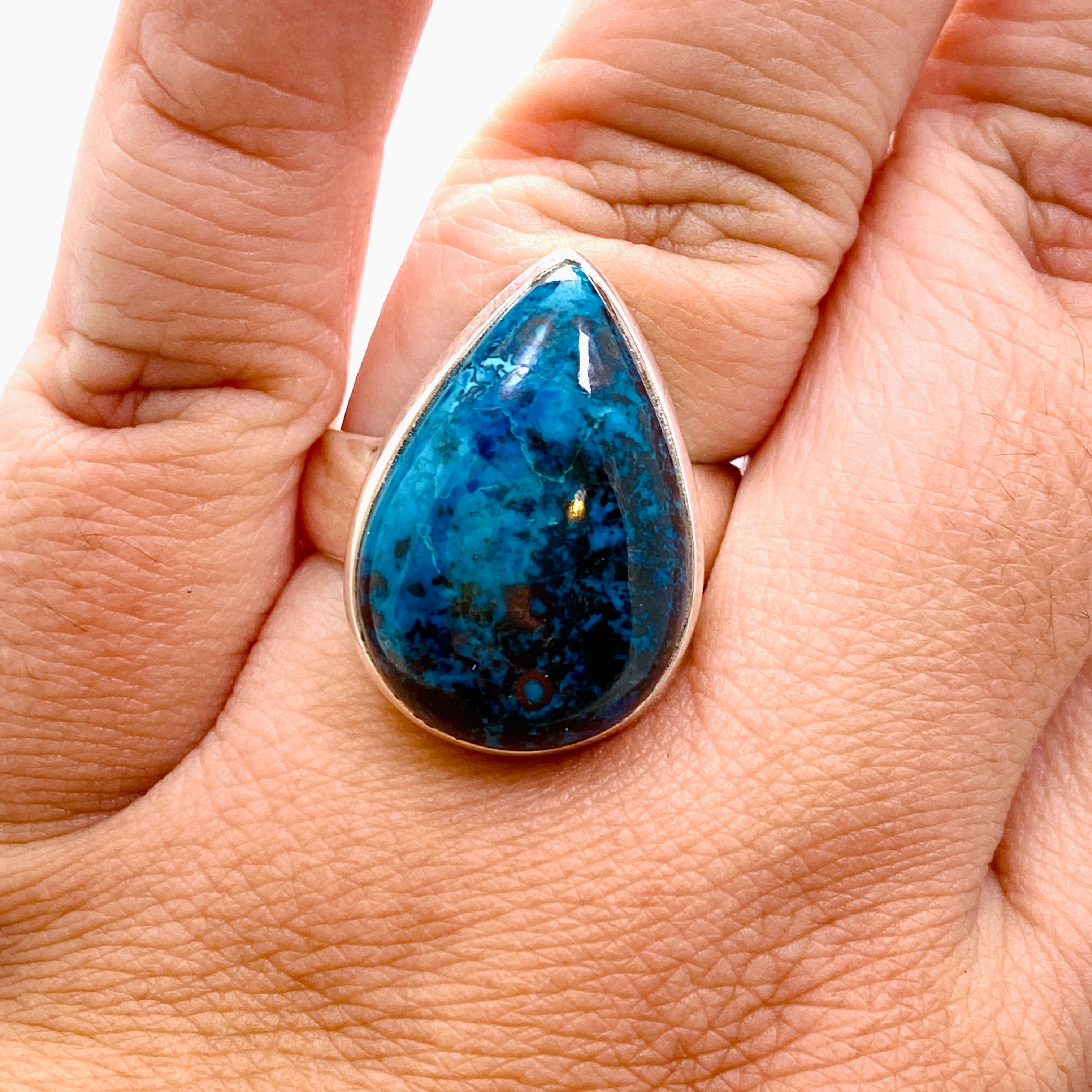 Shattuckite Teardrop Cabochon Ring - Size 12 - Handmade Gemstone Jewelry - Unique Blue Crystal Ring for Women - Perfect for Boho Fashion, Spiritual Healing & Gift Giving