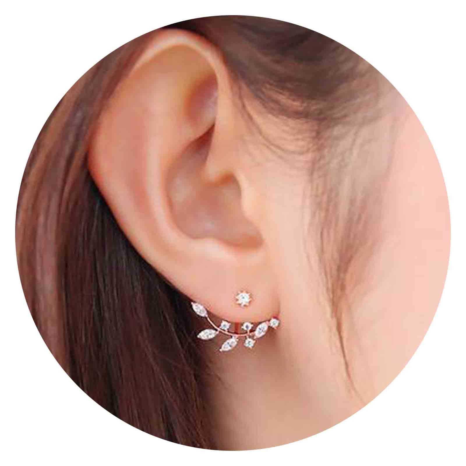 Boho Crystal Leaf Ear Jackets Earrings - Rose Gold CZ Rhinestone Front & Back Studs - Minimalist Jewelry for Women - Perfect for Parties, Weddings & Everyday Wear