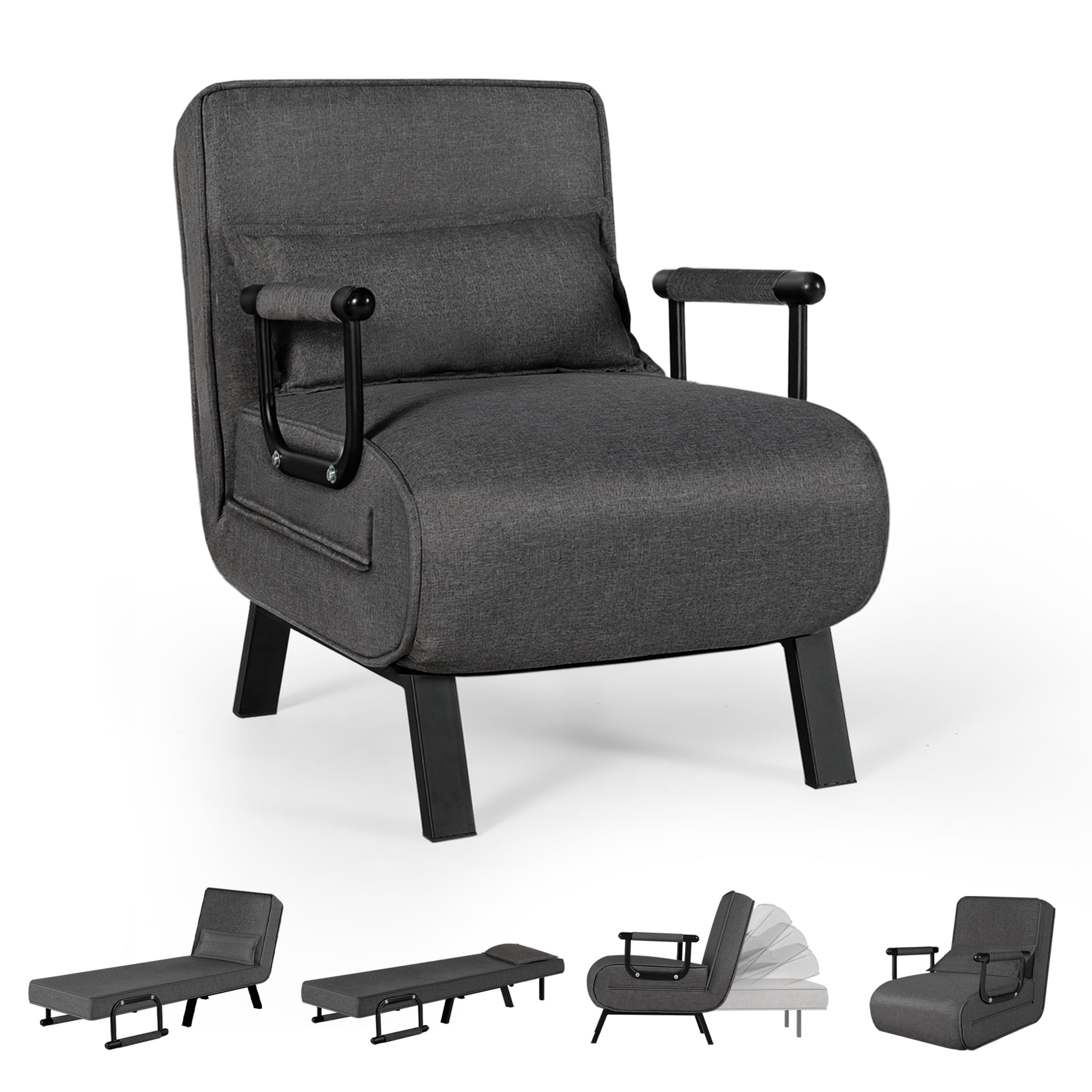 TYBOATLE 5-in-1 Convertible Sofa Sleeper Chair Bed - Adjustable Chaise Lounge Couch with 5-Position Backrest & Pillow - Space Saving Floor Futon for Small Apartments, Home Office, Dorm Room (Dark Grey) - Perfect for Living Rooms, Guest Beds & Studio Apartments